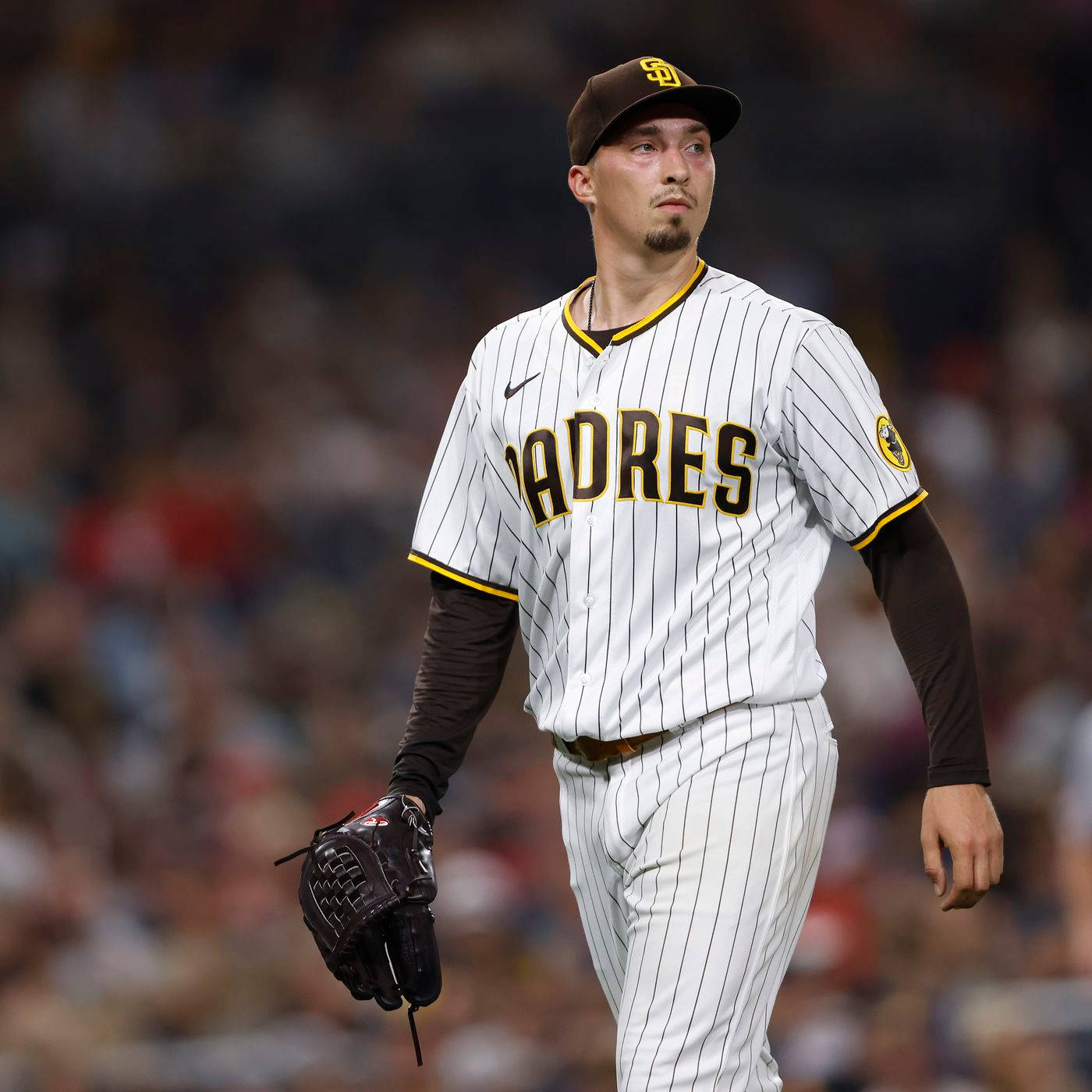 Blake Snell, white pinstripe Padres uniform, night game, HD Desktop Wallpaper