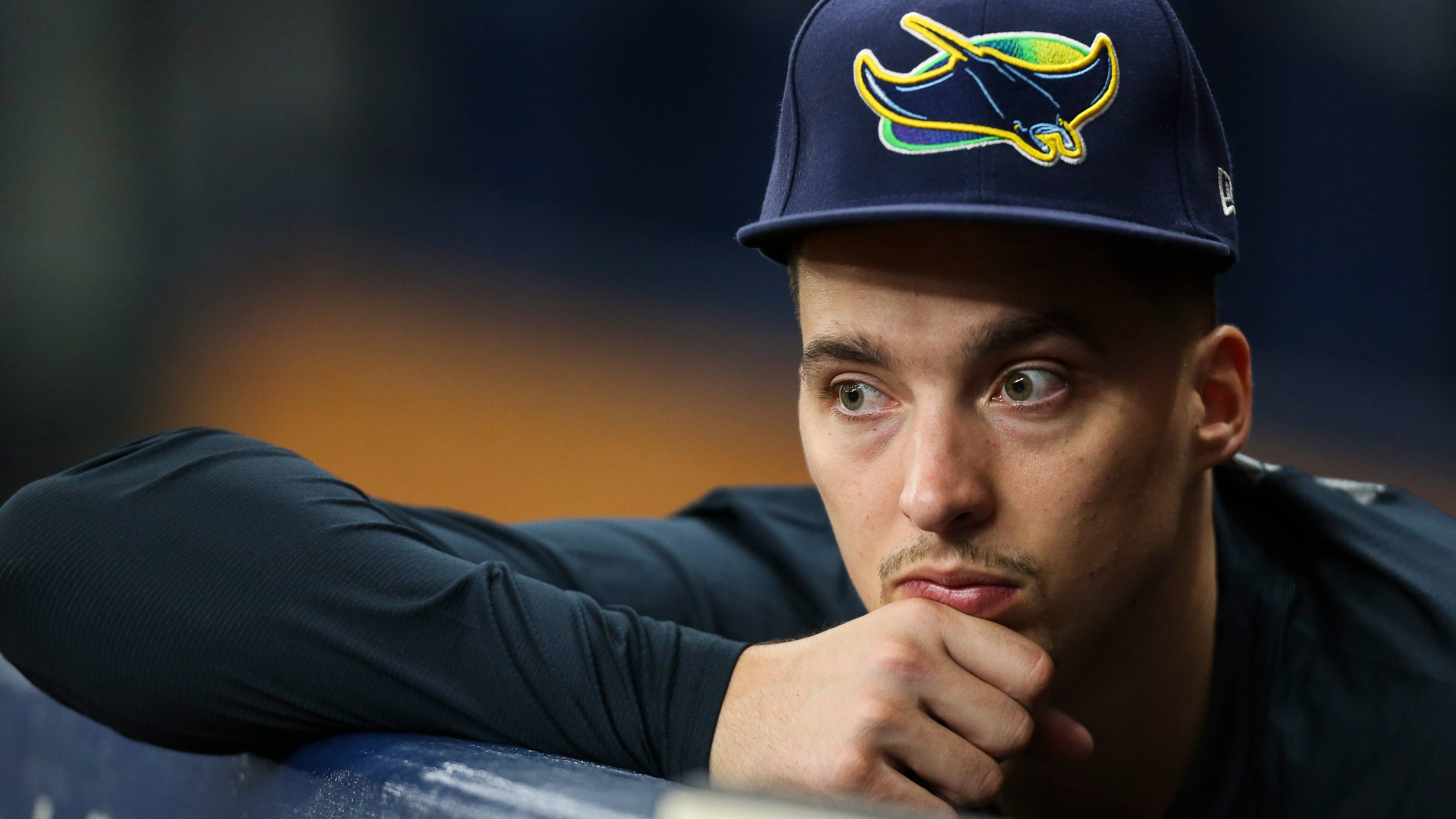 Blake Snell, navy cap, green and yellow logo, 4K Desktop Wallpaper