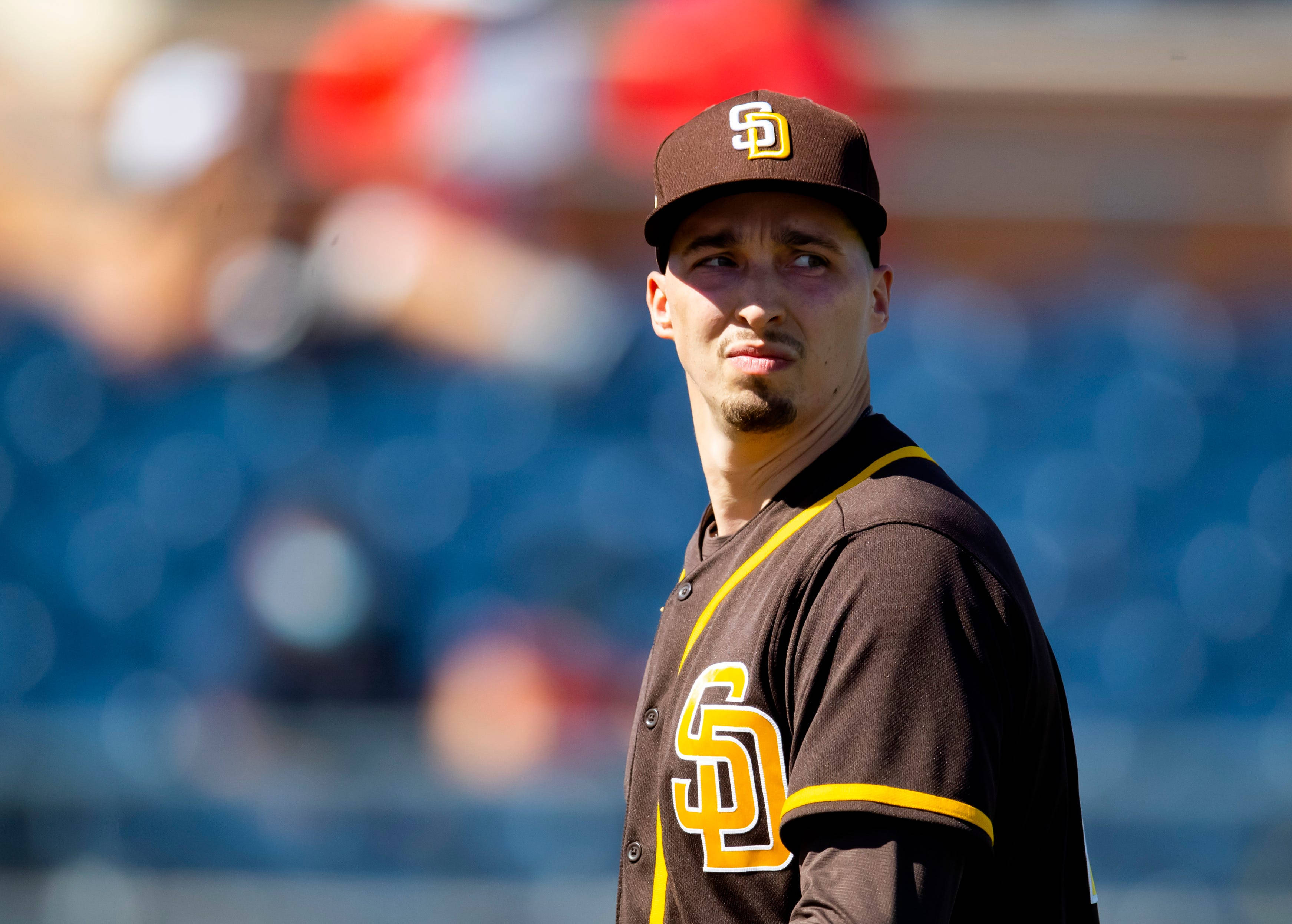 Blake Snell, brown and gold uniform, stadium background, 2K Desktop Wallpaper