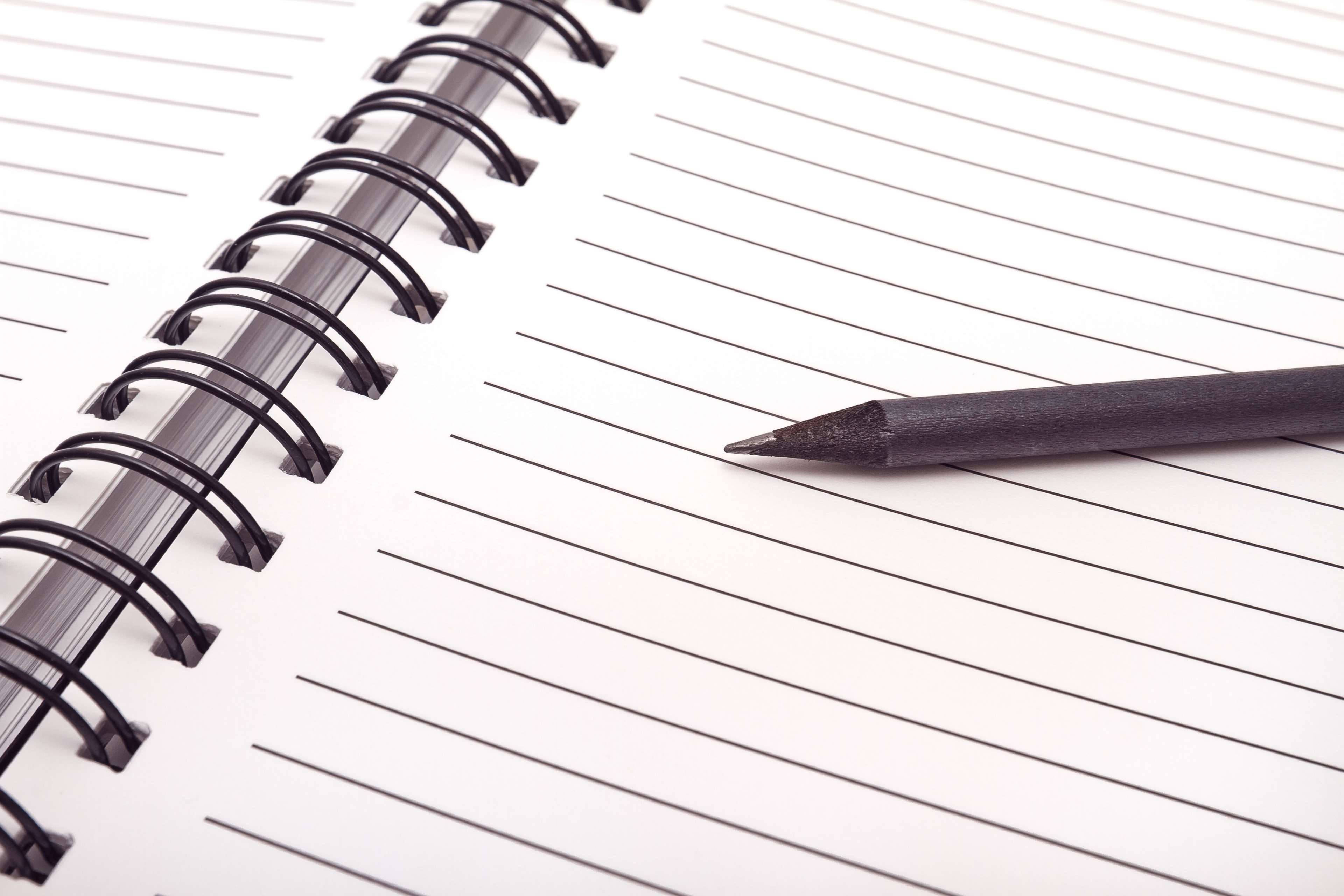 spiral notebook, blank lined pages, black pencil, 4K Desktop Wallpaper