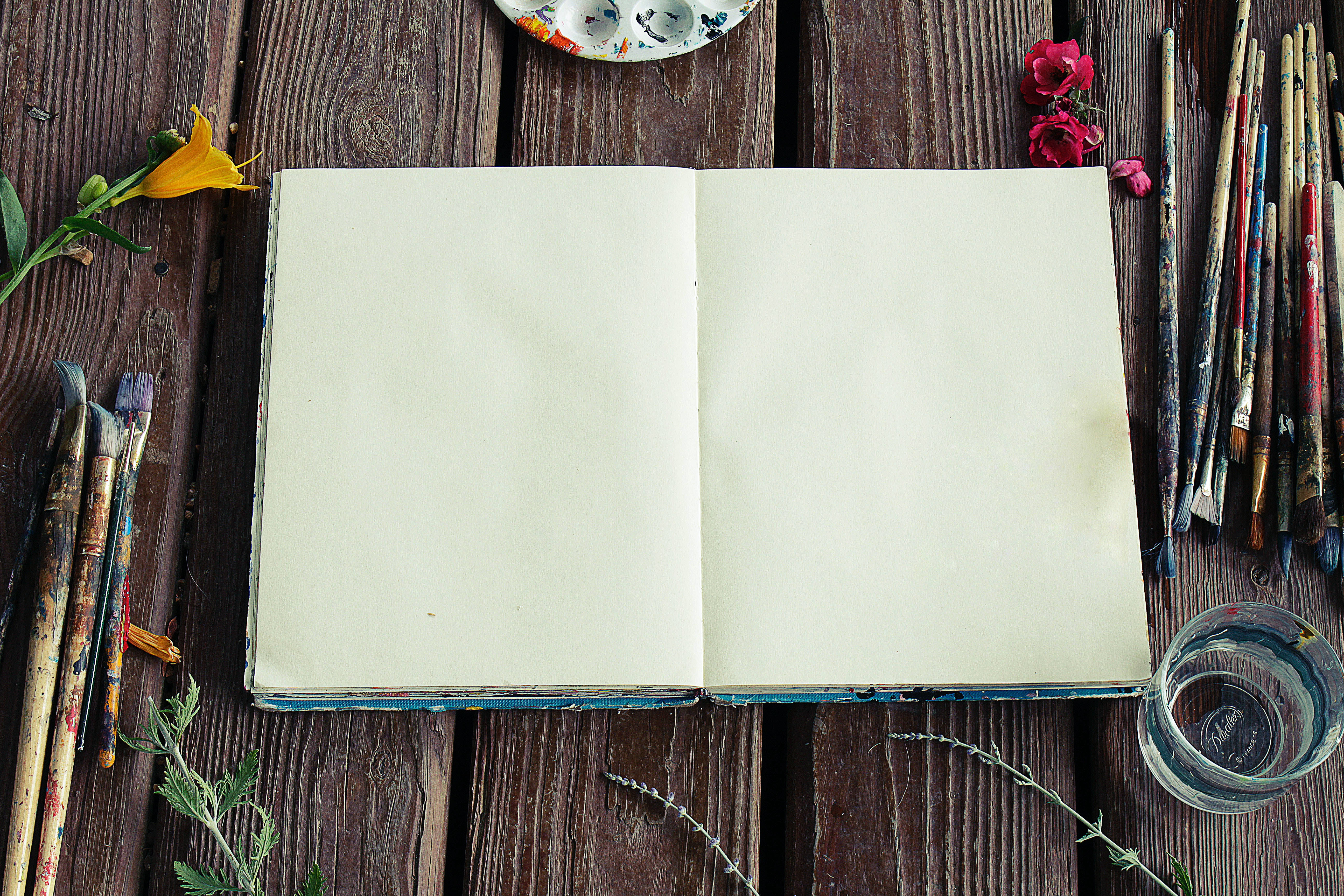 Artist Blank Page Notebook, weathered wooden table, paintbrushes, 5K Desktop Wallpaper