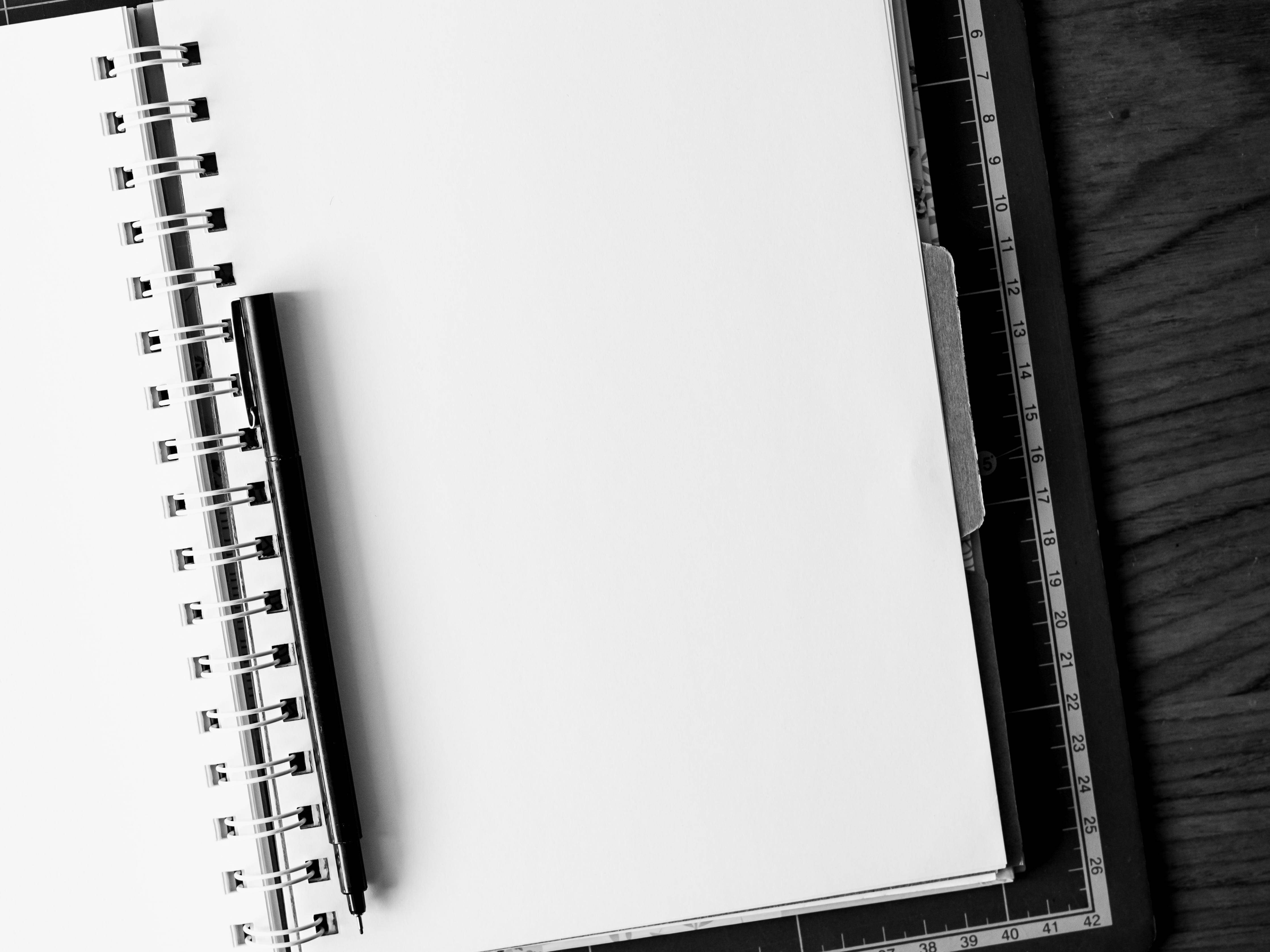 blank spiral notebook, pen, ruler, 4K Desktop Wallpaper