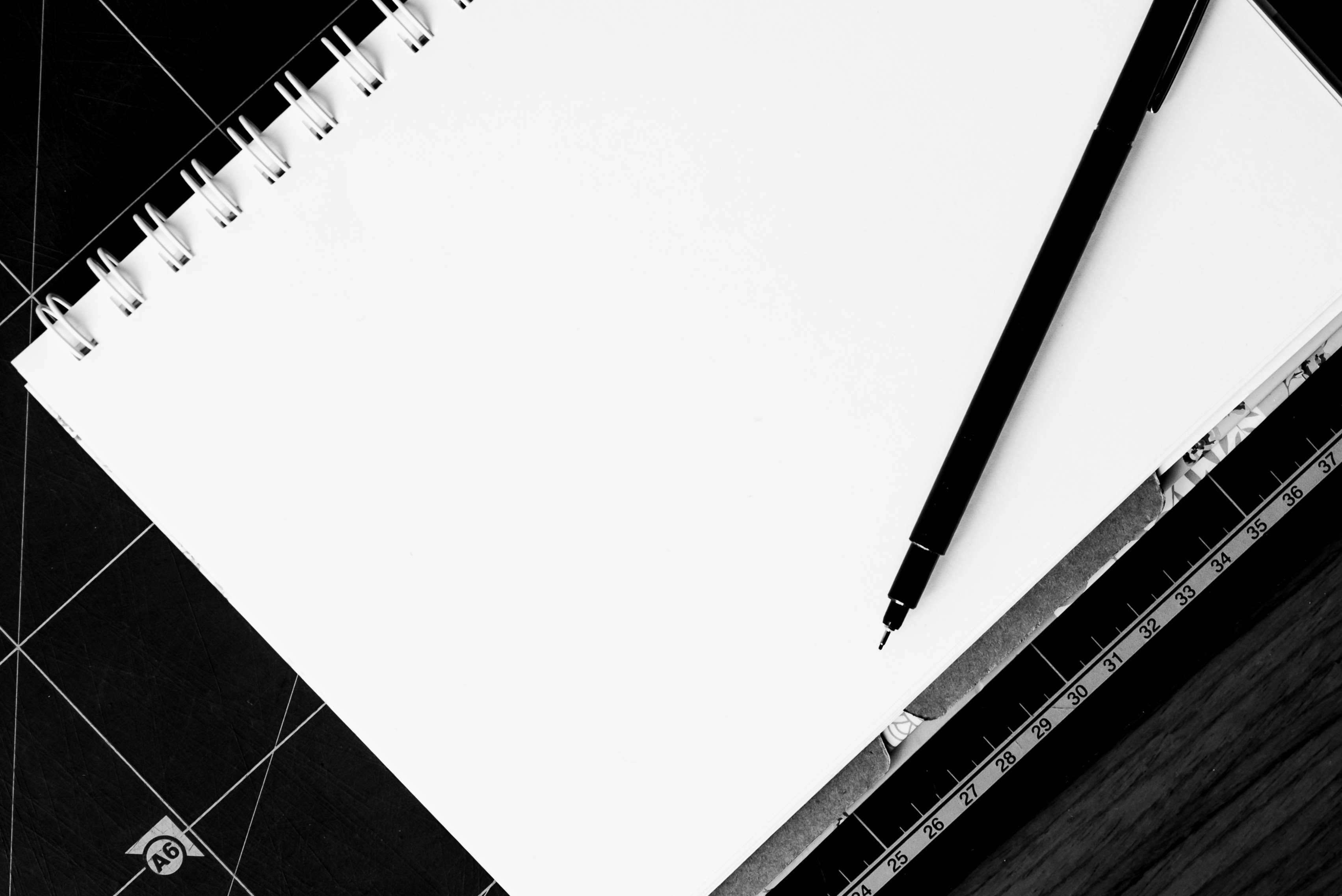 blank white notepad, pen, ruler, 2K Desktop Wallpaper