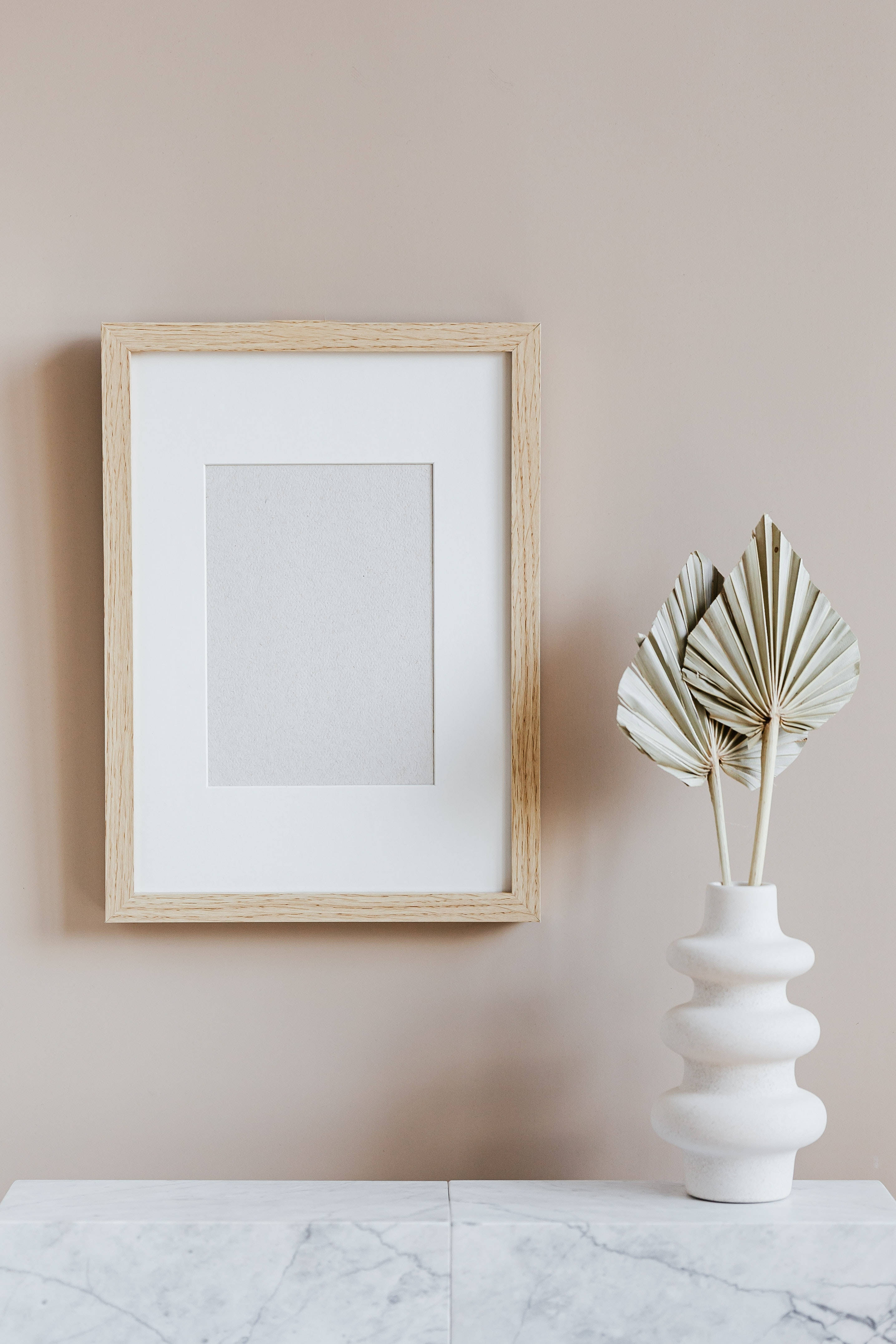 blank wooden frame, beige wall, light wood picture frame, 4K Phone Wallpaper