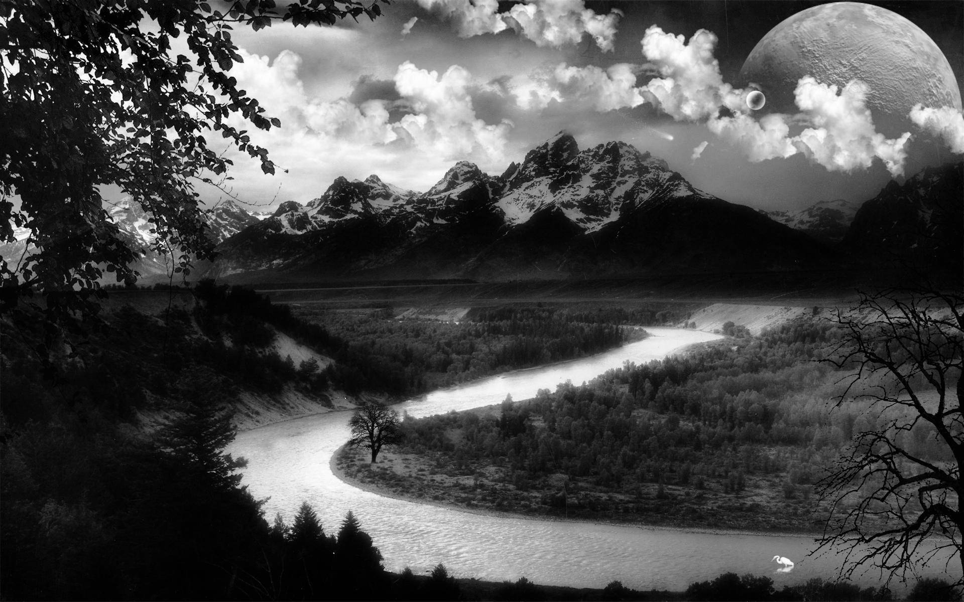 surreal black and white landscape, winding river, forests, Full HD Desktop Wallpaper