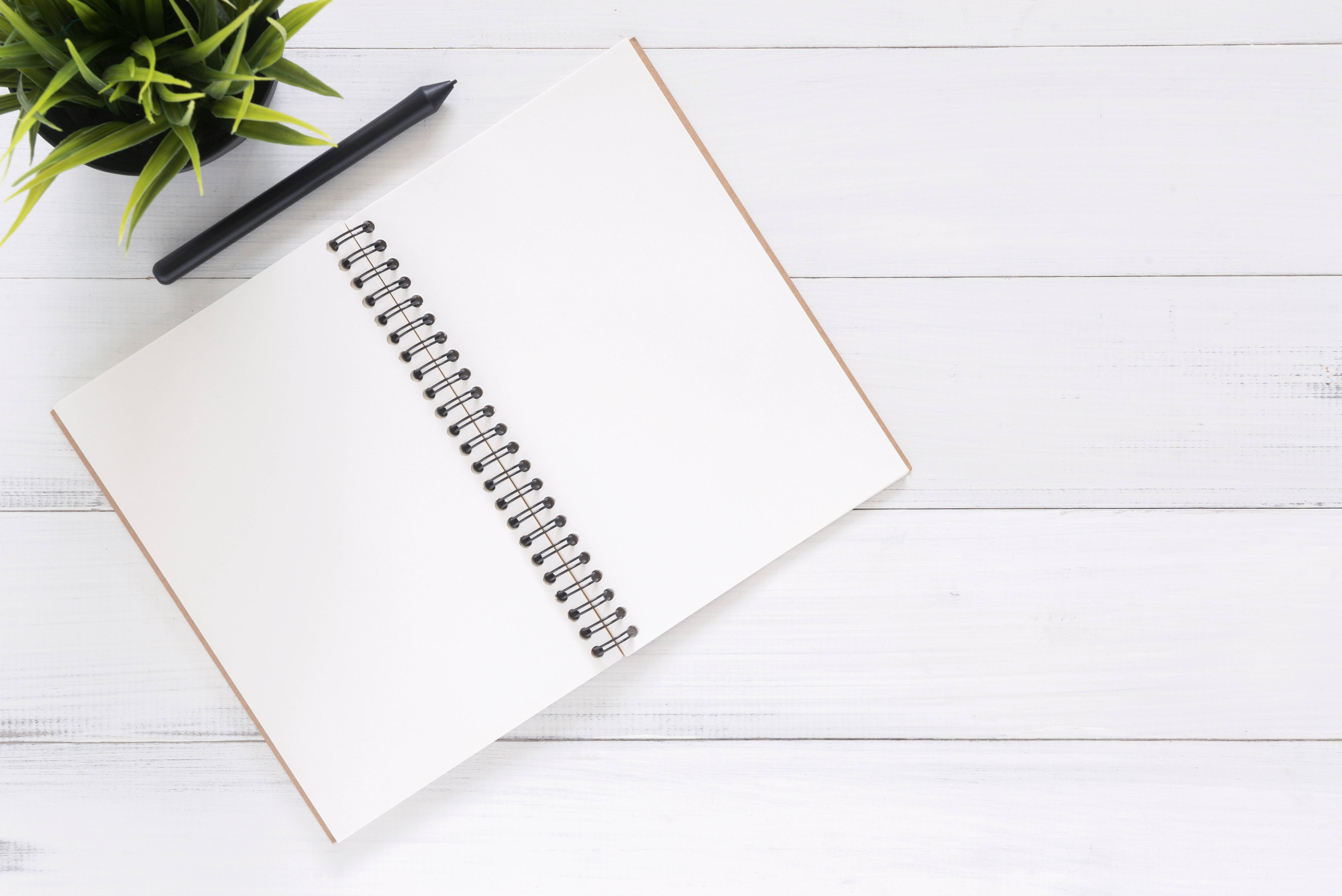 blank spiral notebook, white wooden surface, black pen, 5K Desktop Wallpaper