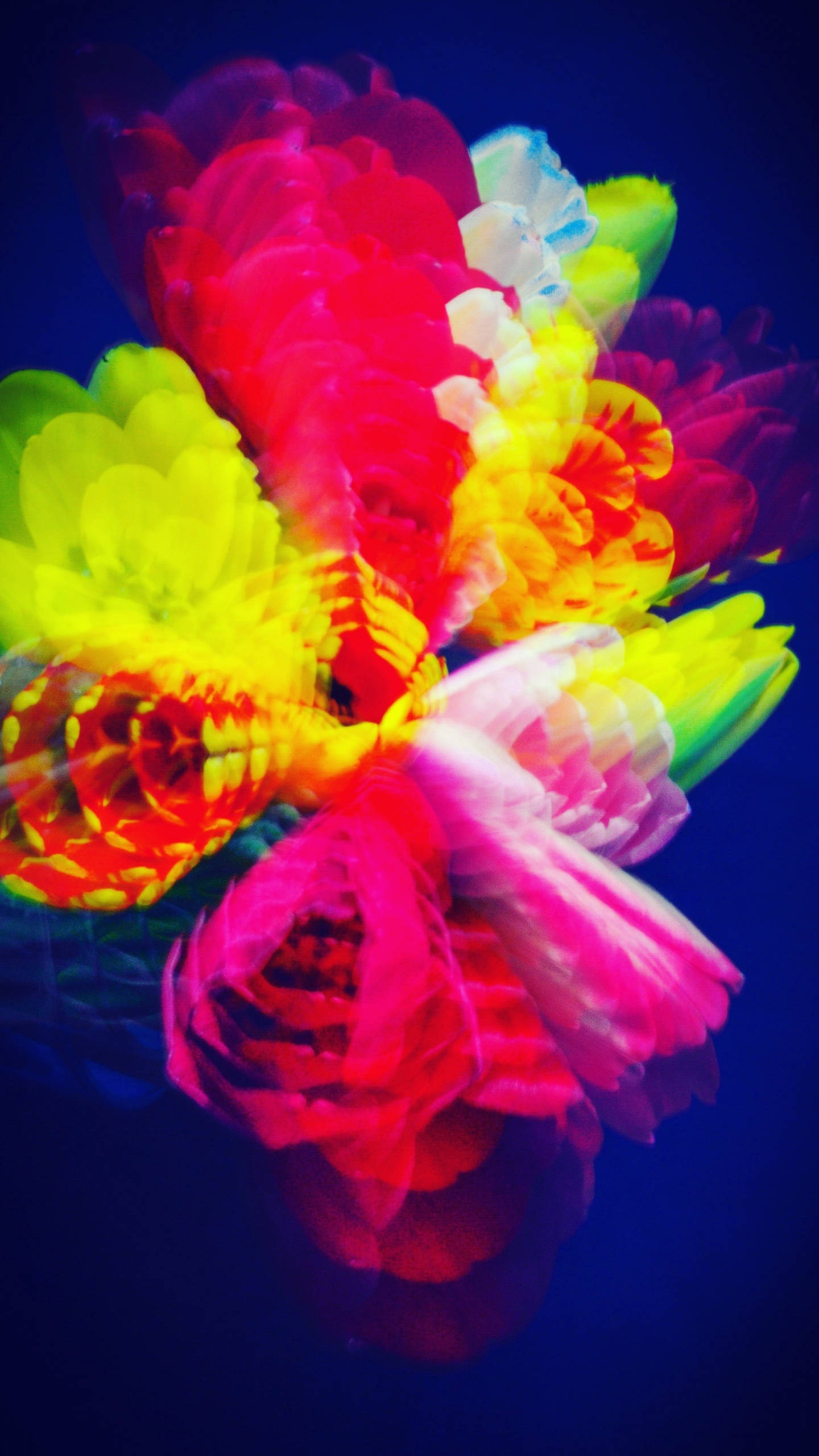 psychedelic supreme blast, neon flowers, deep blue background, 2K Phone Wallpaper