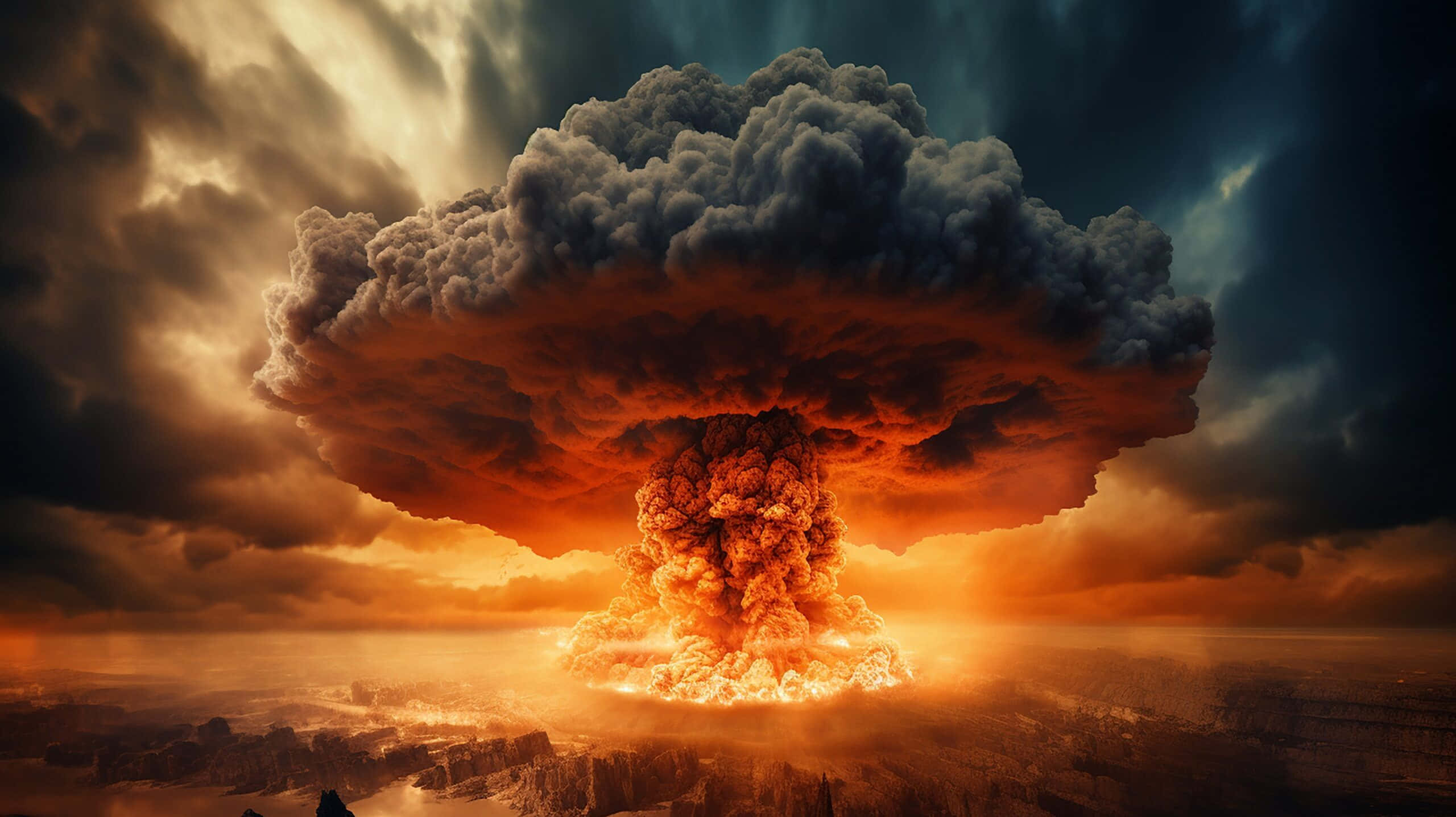nuclear mushroom cloud, desolate landscape, orange and dark sky, 2K Desktop Wallpaper