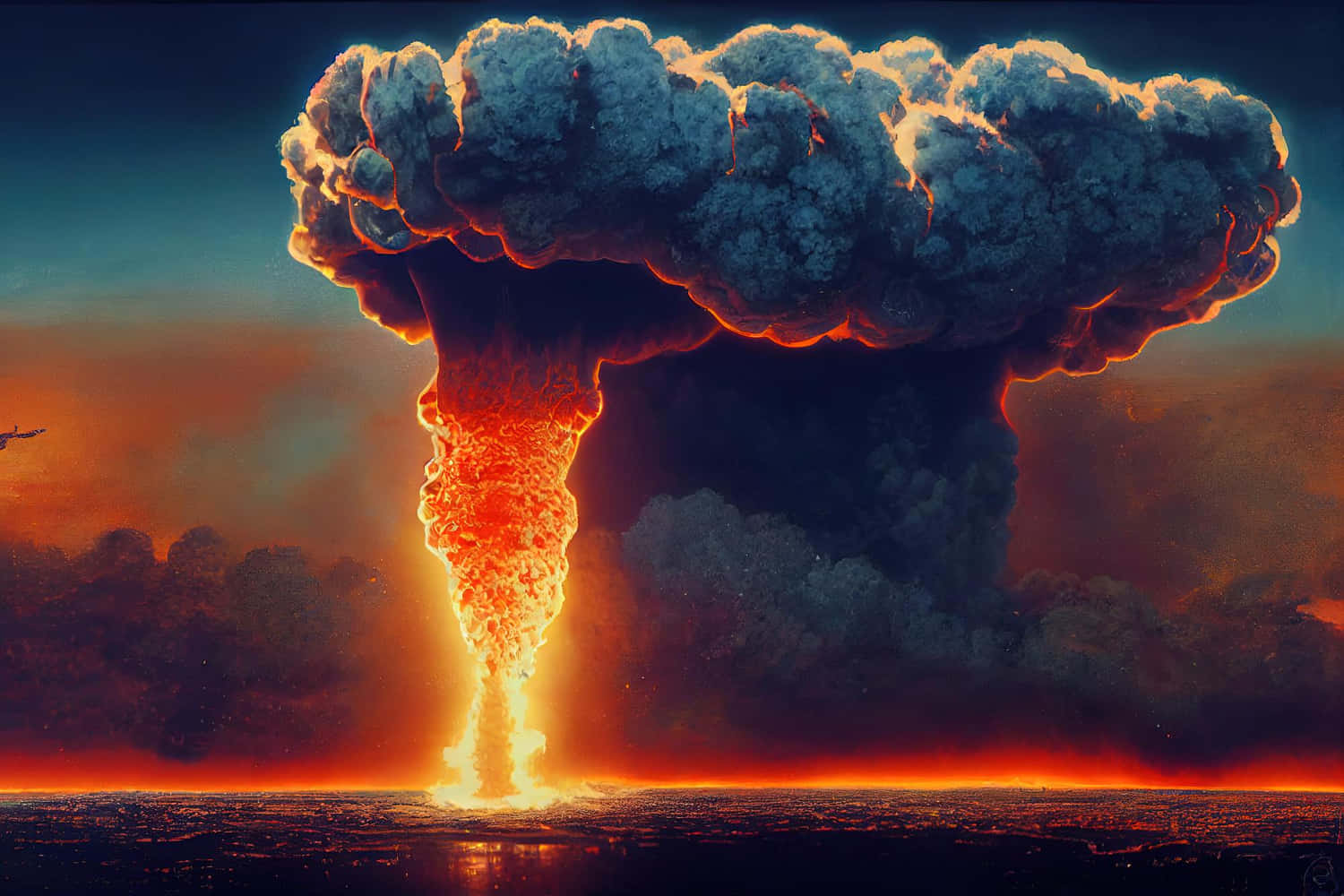 nuclear mushroom cloud, fiery ocean, sunset, HD Desktop Wallpaper