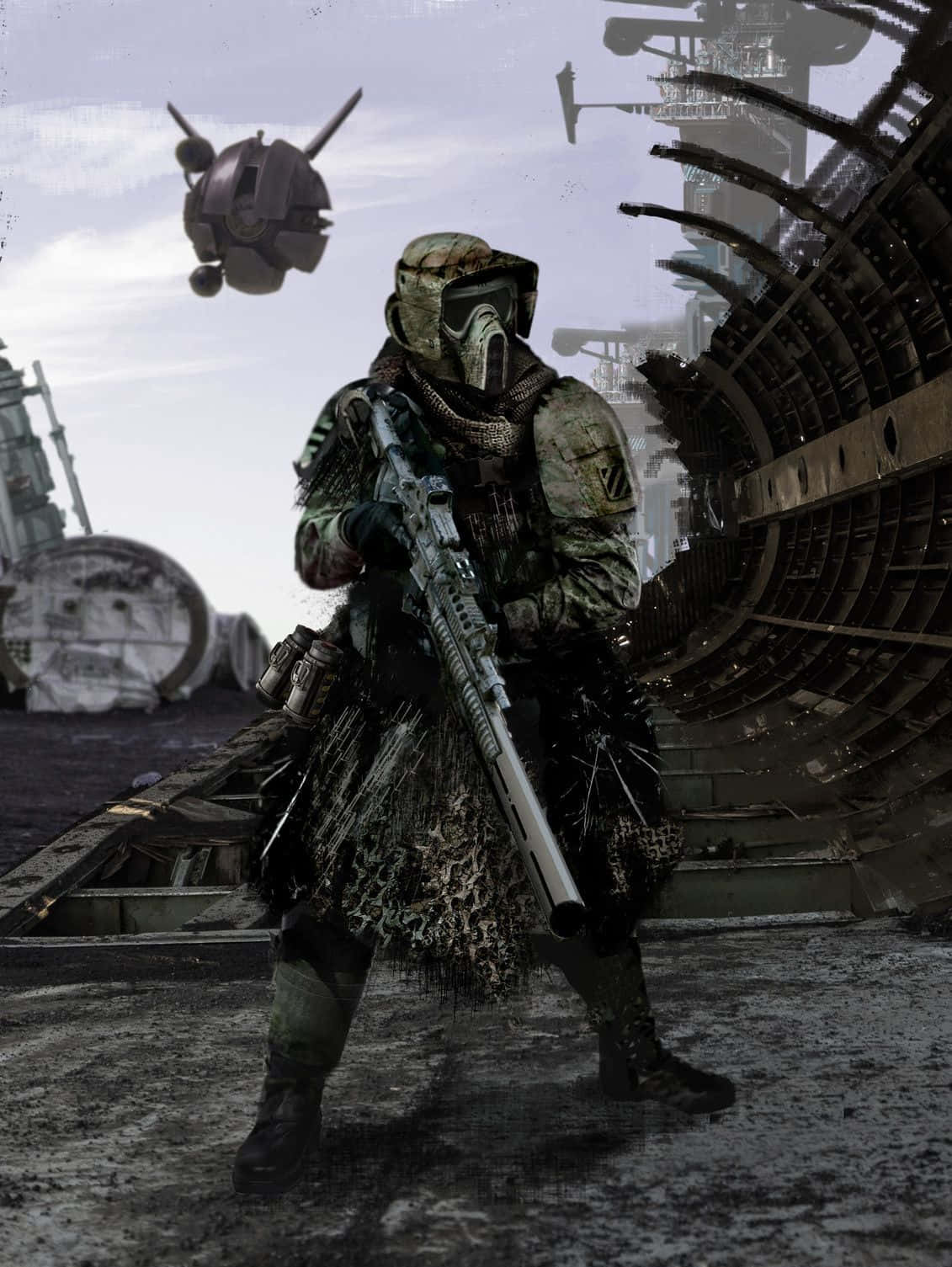 Blaster Rifles, camouflage gear, ruined futuristic machinery, HD Phone Wallpaper