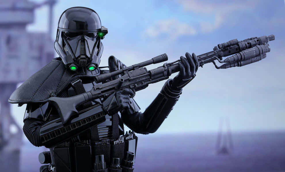 blaster rifle, black-armored stormtrooper, hazy blue sky, SD Desktop Wallpaper