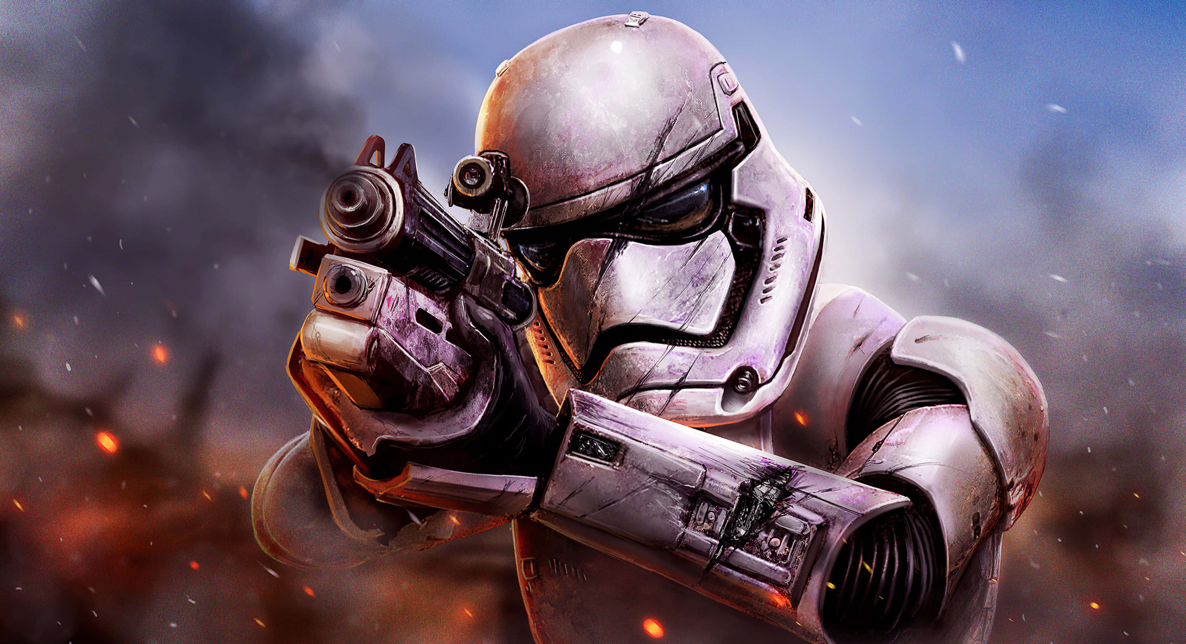 blaster rifles, stormtrooper, fiery battlefield, 4K Desktop Wallpaper