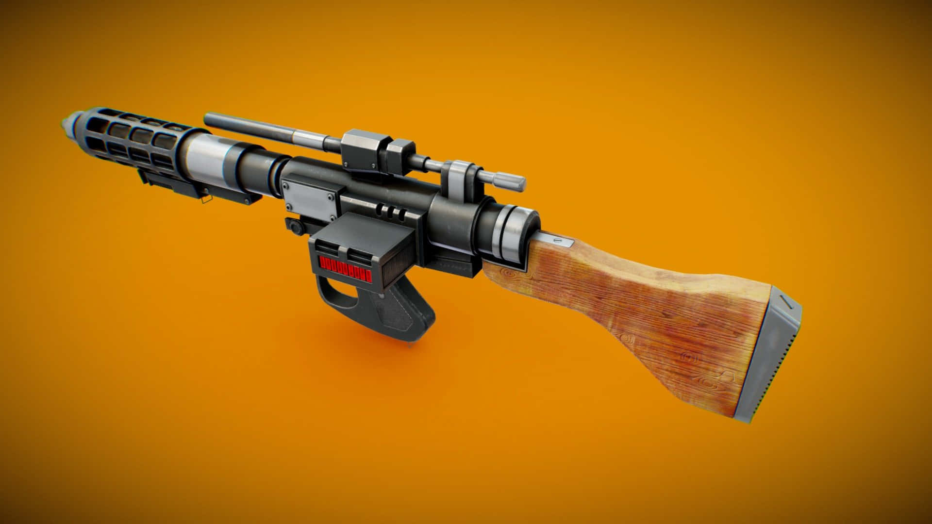 blaster rifle, wooden stock, glowing red accents, Full HD Desktop Wallpaper