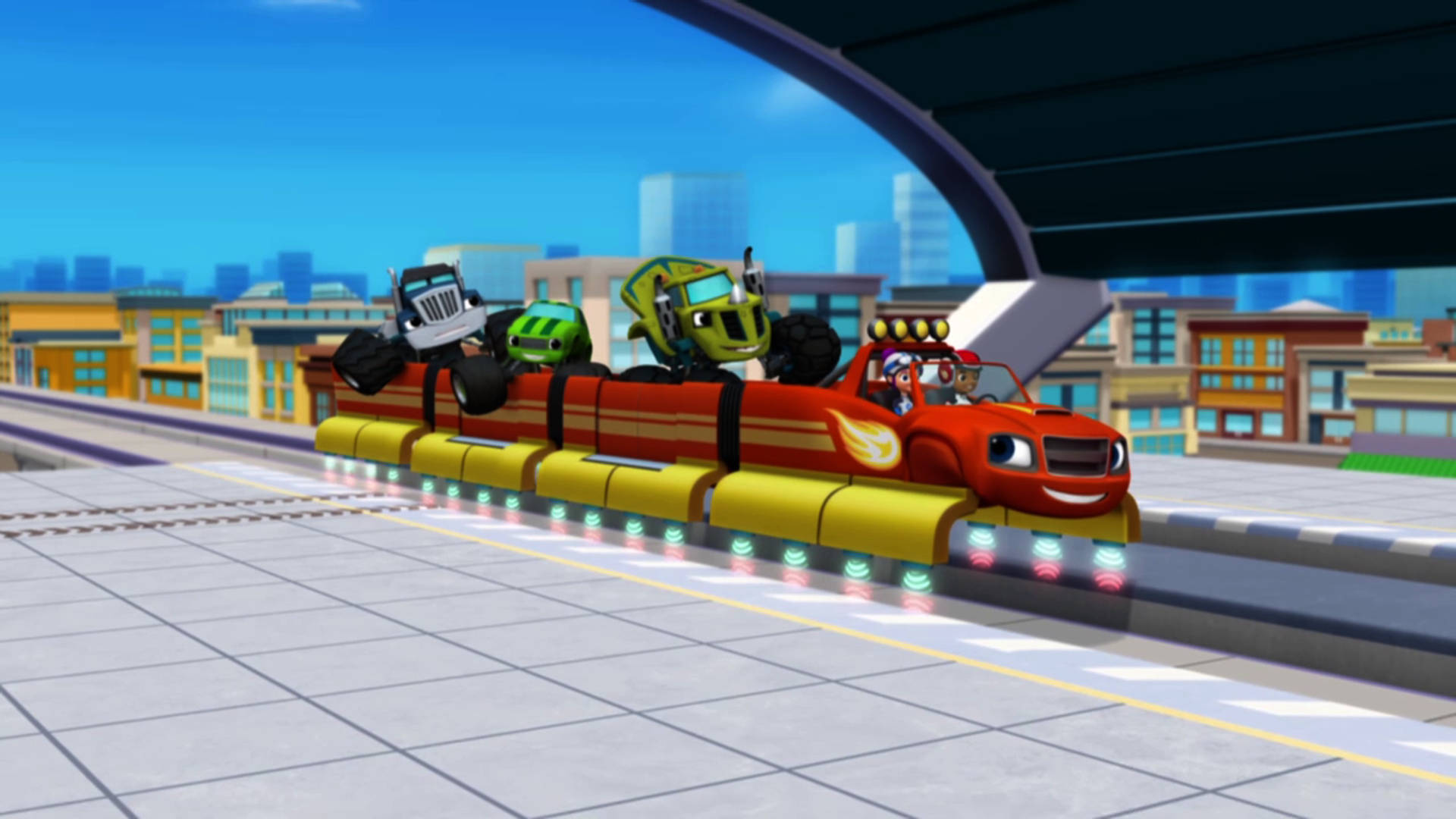 Blaze and the monster machines, train, red animated race truck, Full HD Desktop Wallpaper