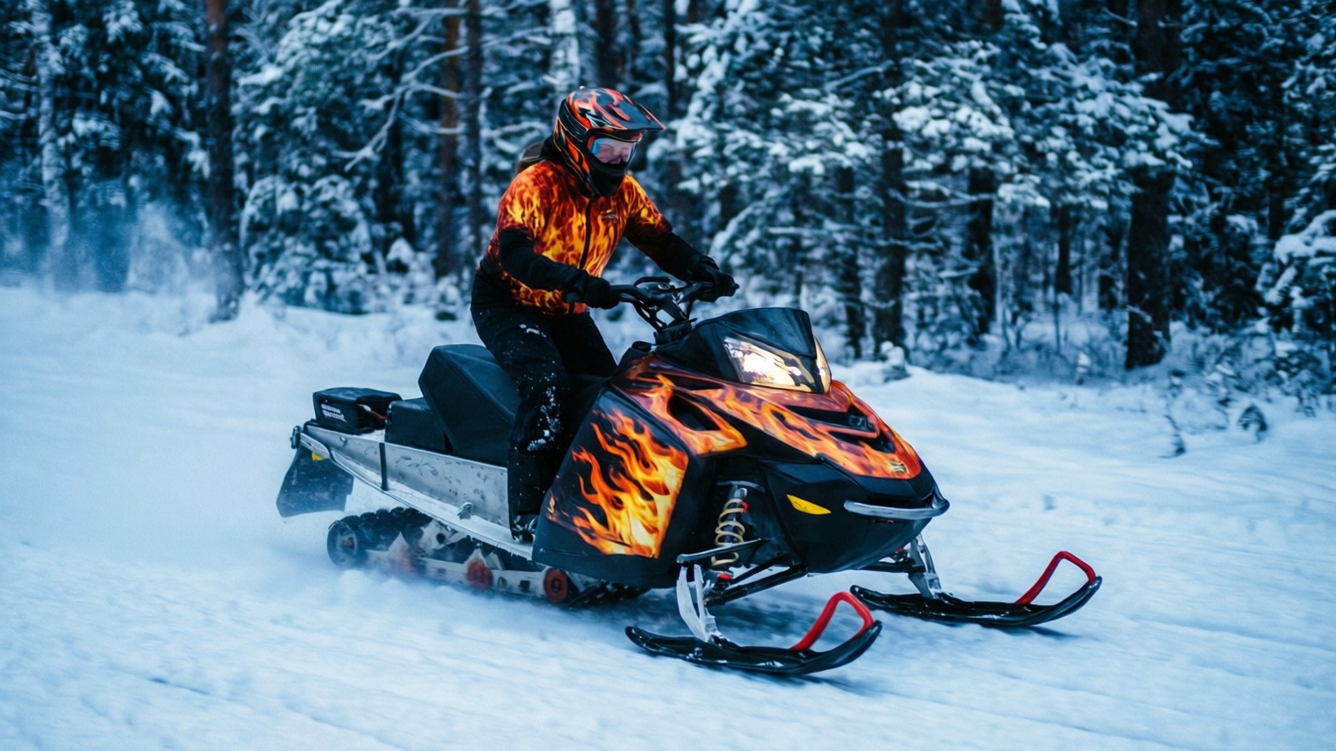 Blaze, snowmobile, flame-pattern gear, Full HD Desktop Wallpaper
