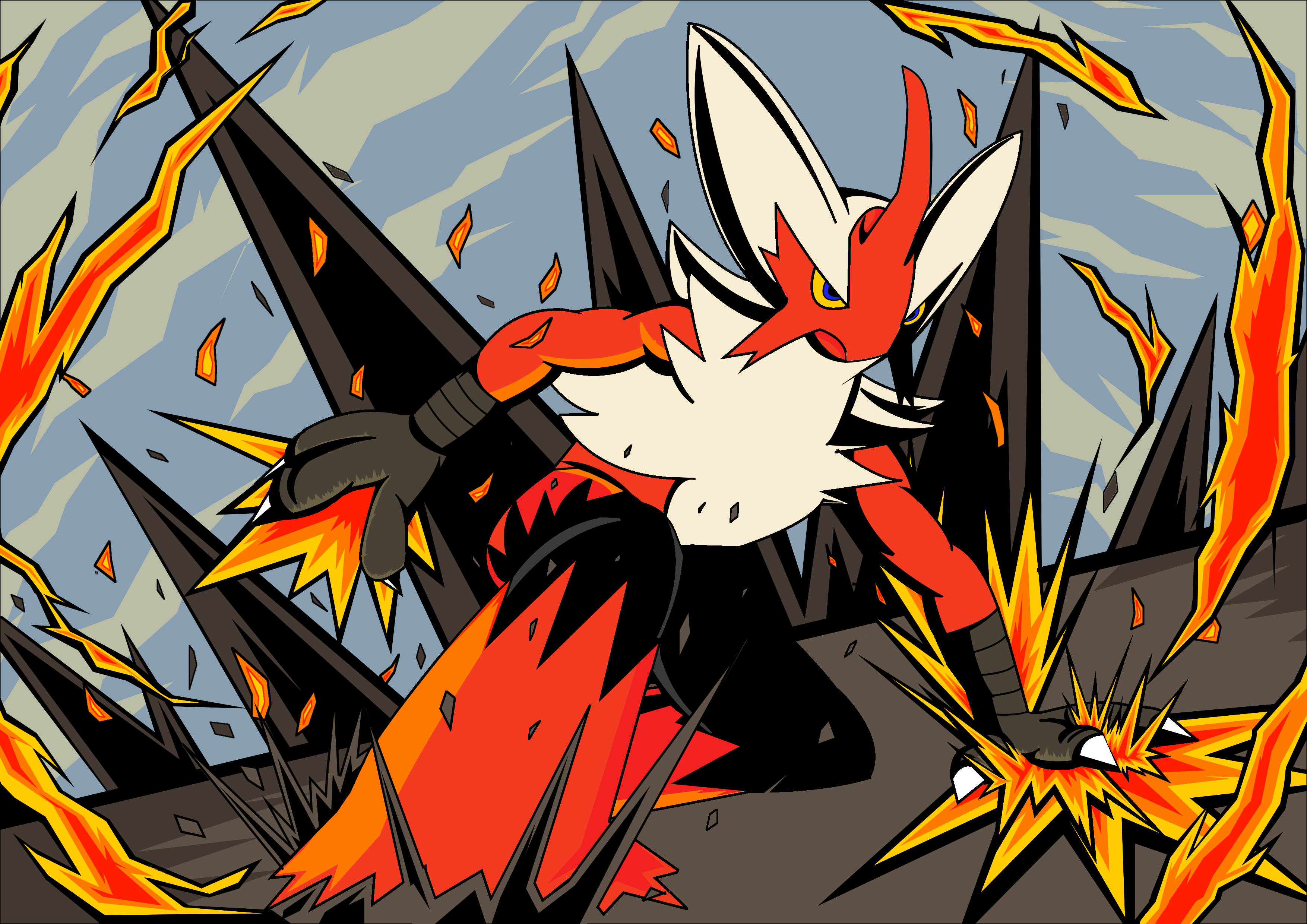 Blaziken, fiery red and white, fox-like creature, 2K Desktop Wallpaper