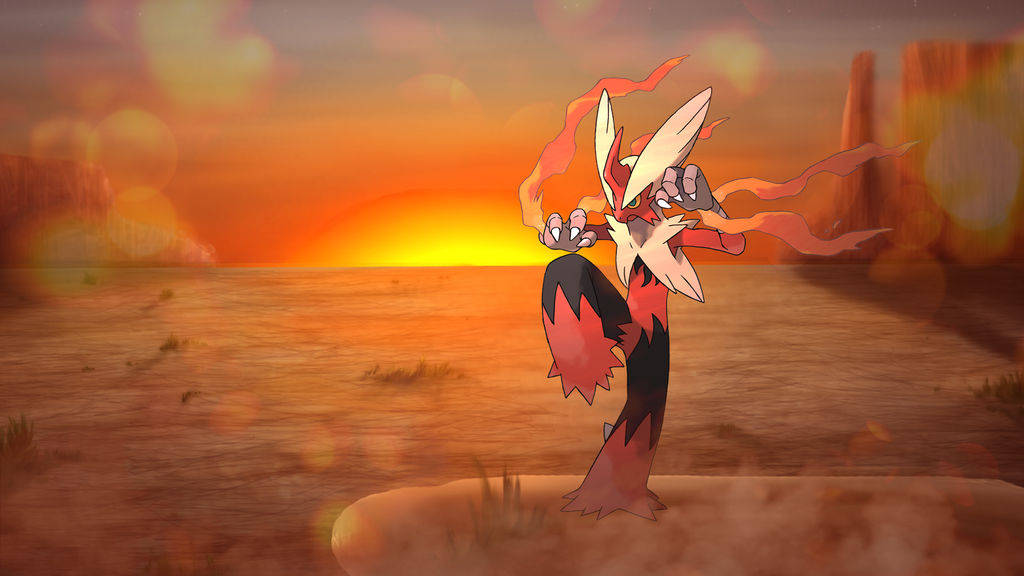 Blaziken, bright sunset, desert rock, SD Desktop Wallpaper