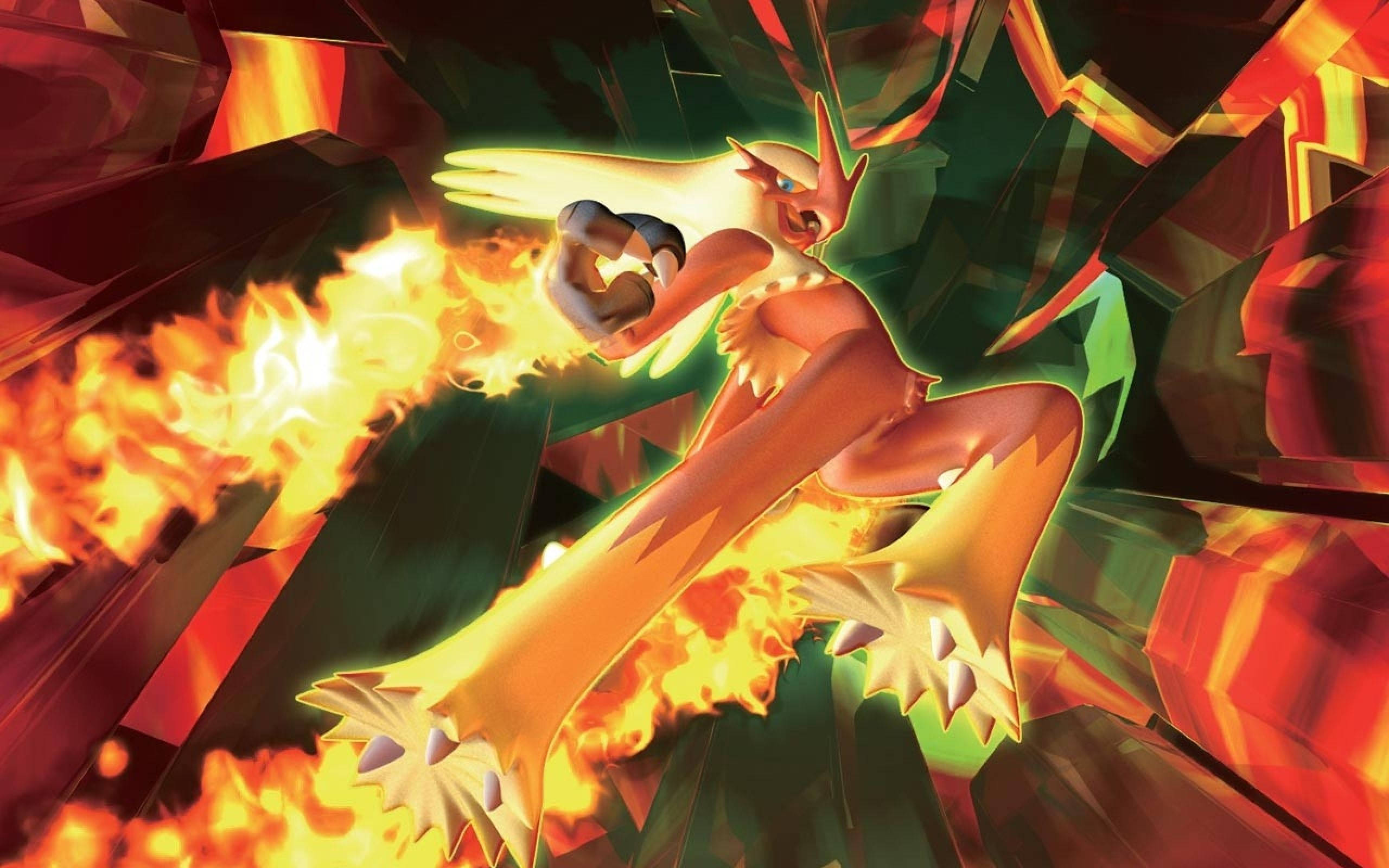Blaziken, green red, jagged red and orange crystal shards, 2K Desktop Wallpaper