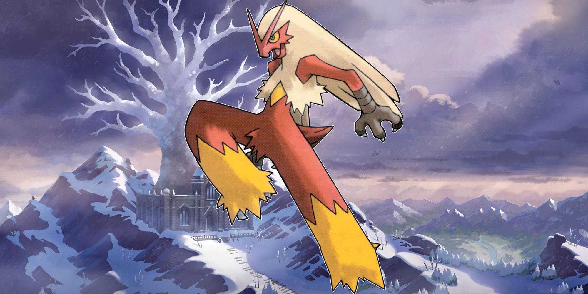 Blaziken, snow-covered mountain landscape, glowing tree, Full HD Desktop Wallpaper