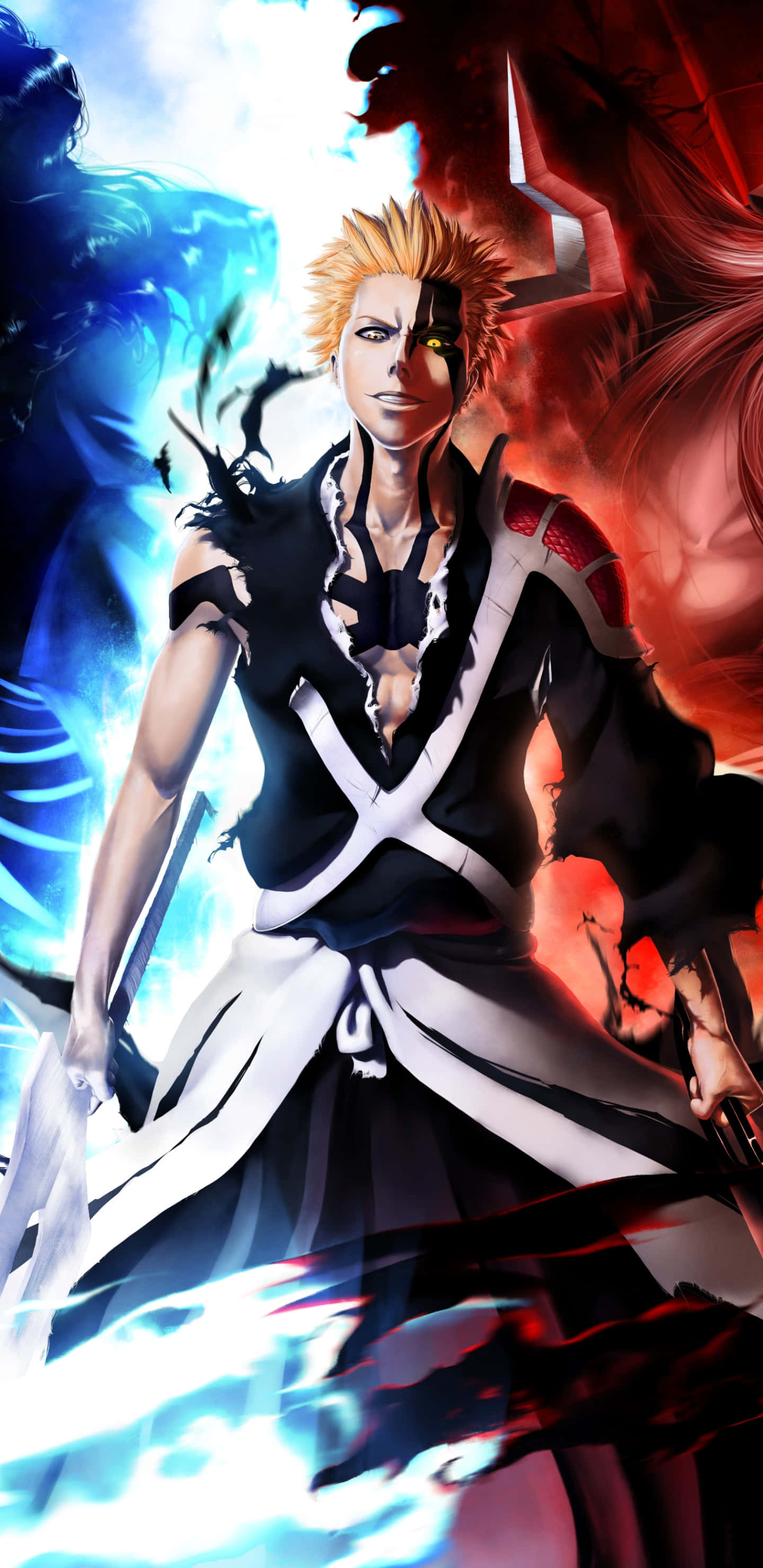 Bleach Hollow, spiky-haired anime warrior, black and white attire, 2K Phone Wallpaper