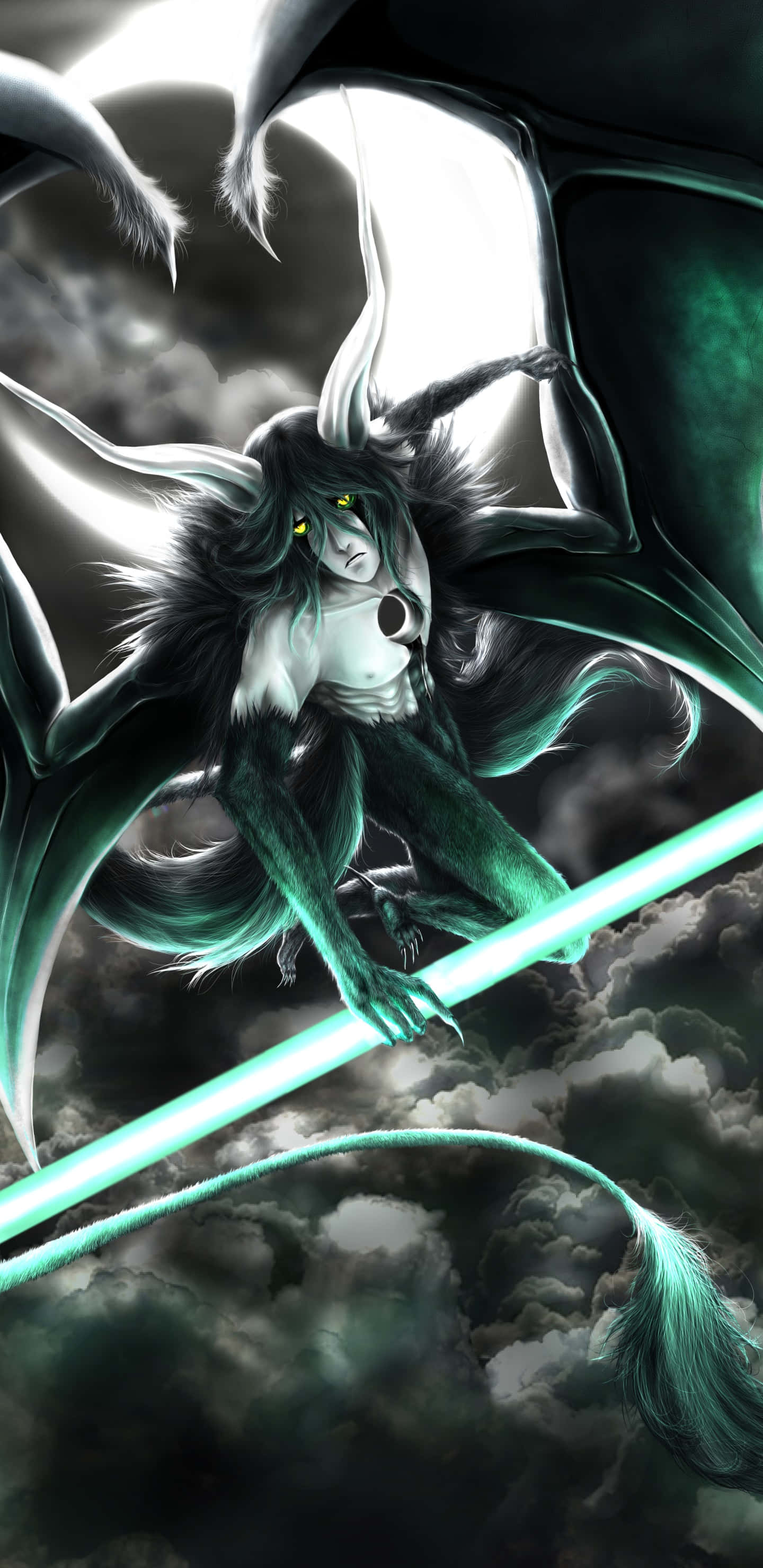 Bleach Hollow, dragon-like anime character, glowing green eyes, 2K Phone Wallpaper