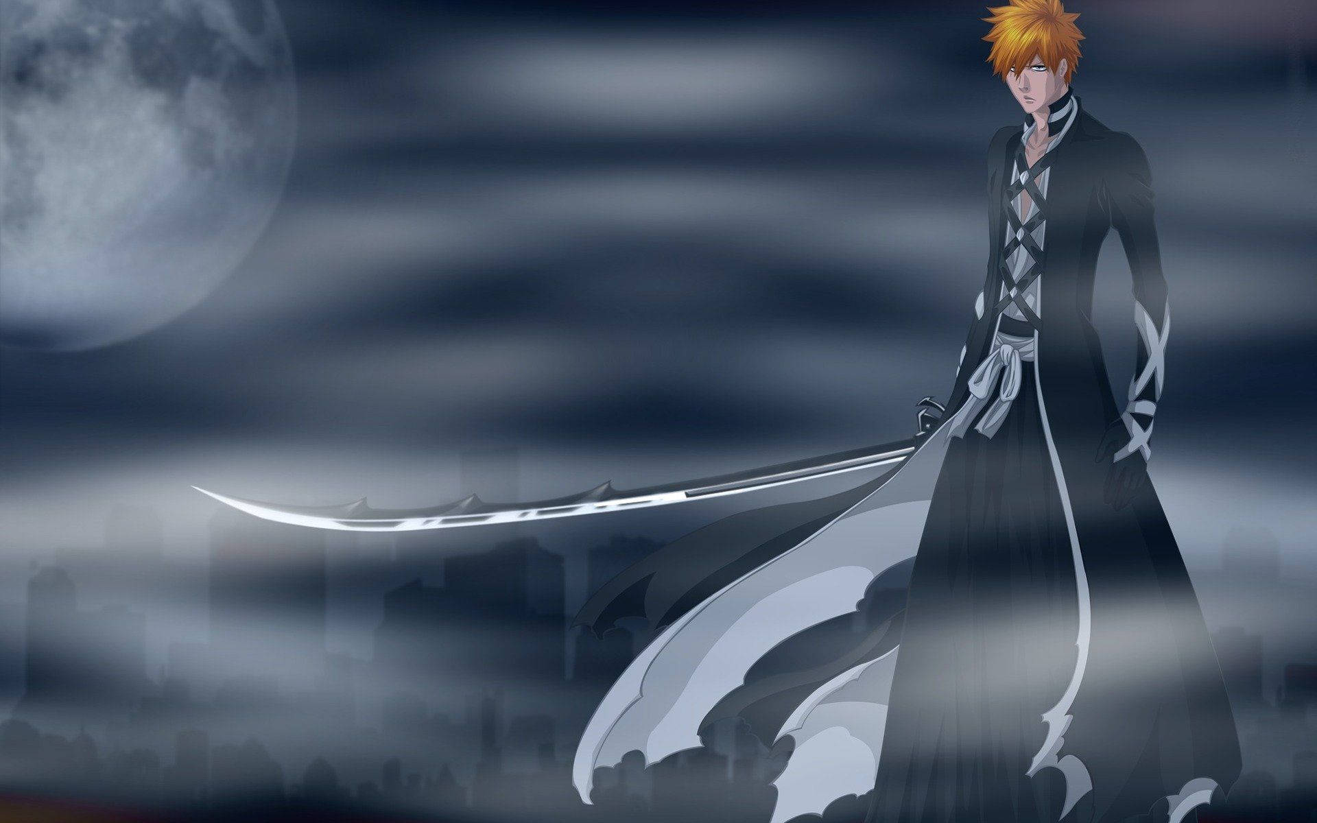 Bleach Ichigo, orange hair, glowing sword, Full HD Desktop Wallpaper