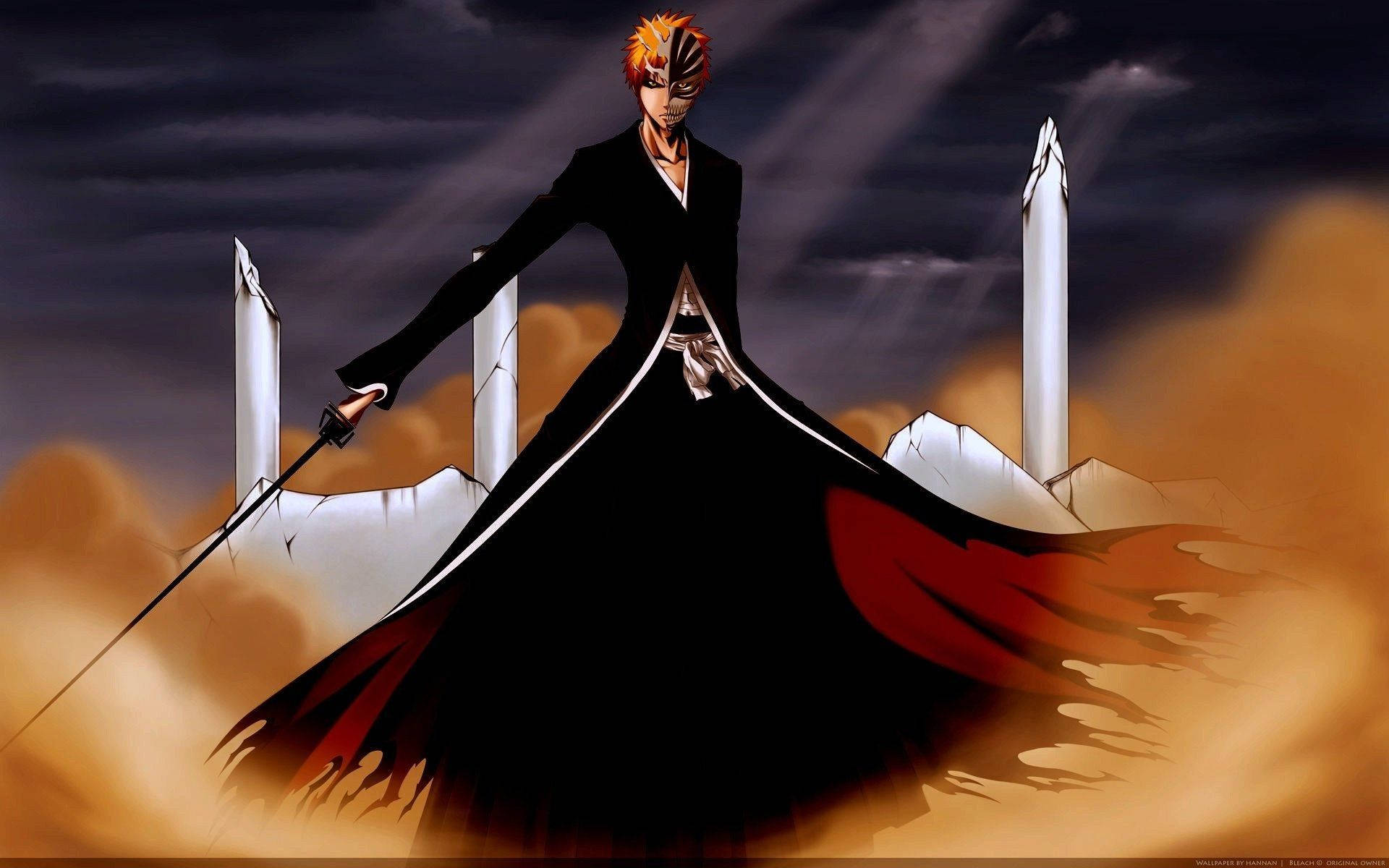 Bleach Ichigo, fiery-haired anime warrior, black coat, Full HD Desktop Wallpaper