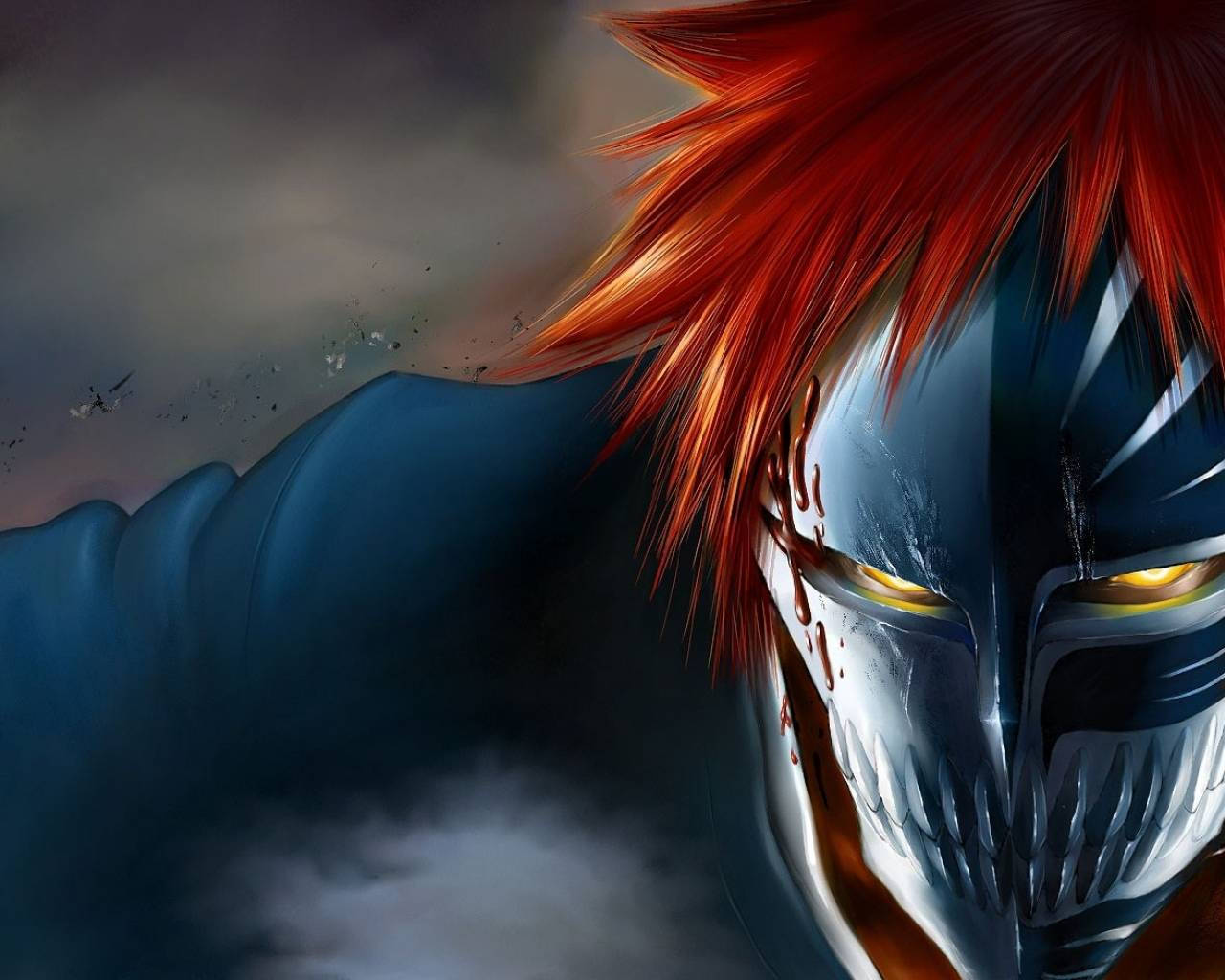Bleach Ichigo, red haired anime character, metallic mask streaked with blood, HD Desktop Wallpaper