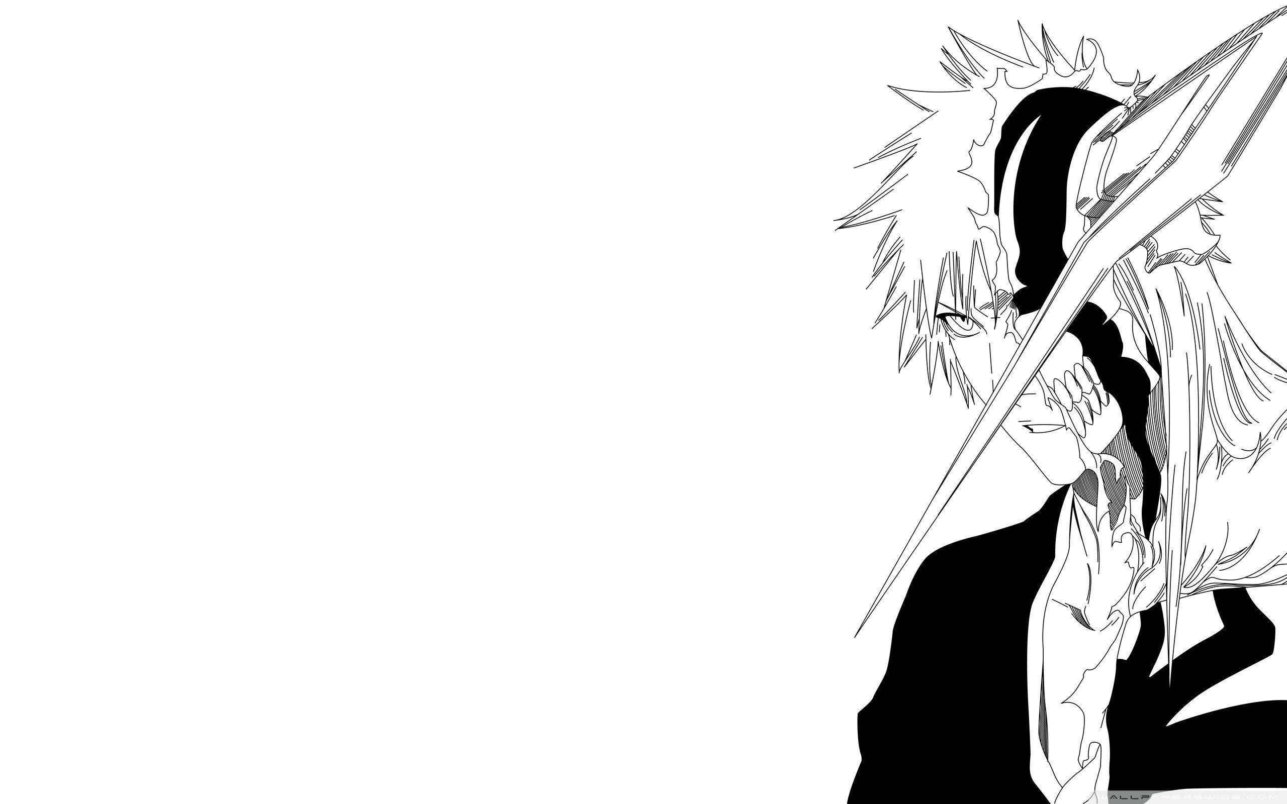 Bleach Ichigo, black and white anime art, spiky hair, 2K Desktop Wallpaper