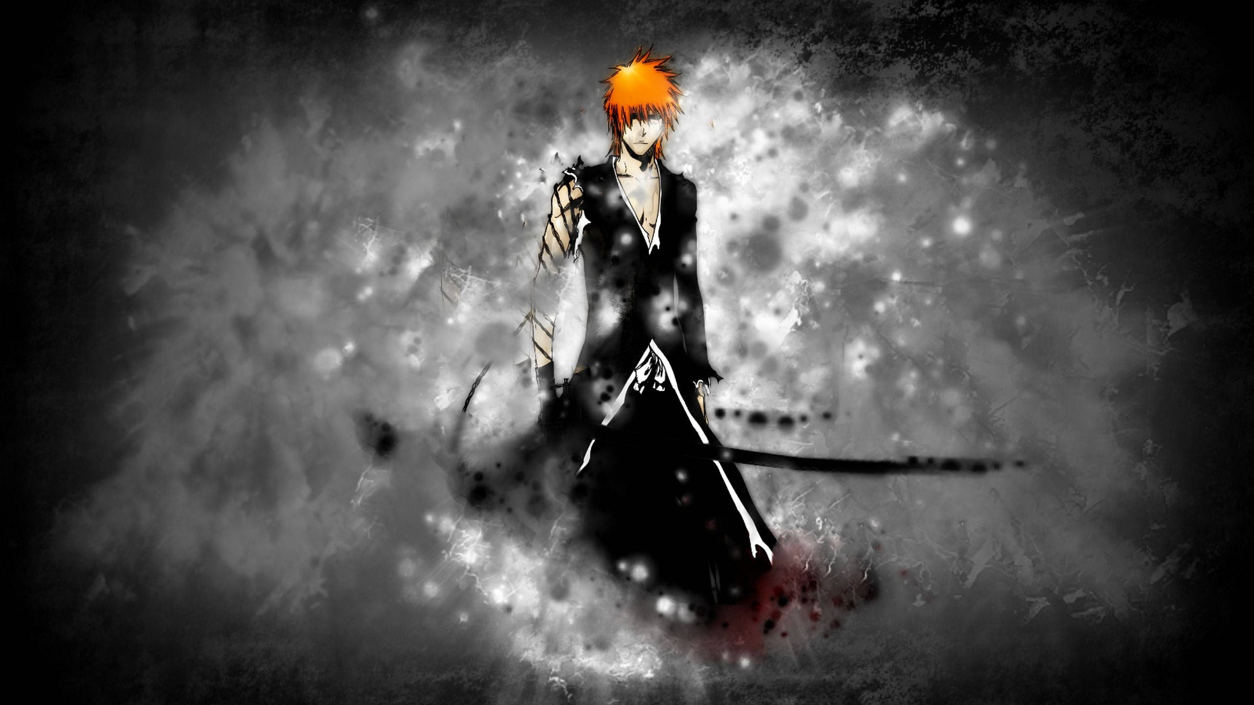 Bleach Ichigo, black attire, fiery-haired anime warrior, 2K Desktop Wallpaper