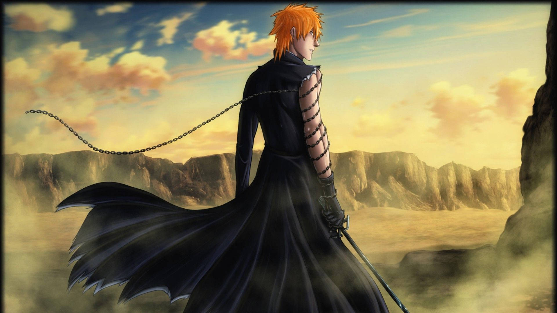 Bleach Ichigo, spiky orange-haired anime warrior, black coat, Full HD Desktop Wallpaper