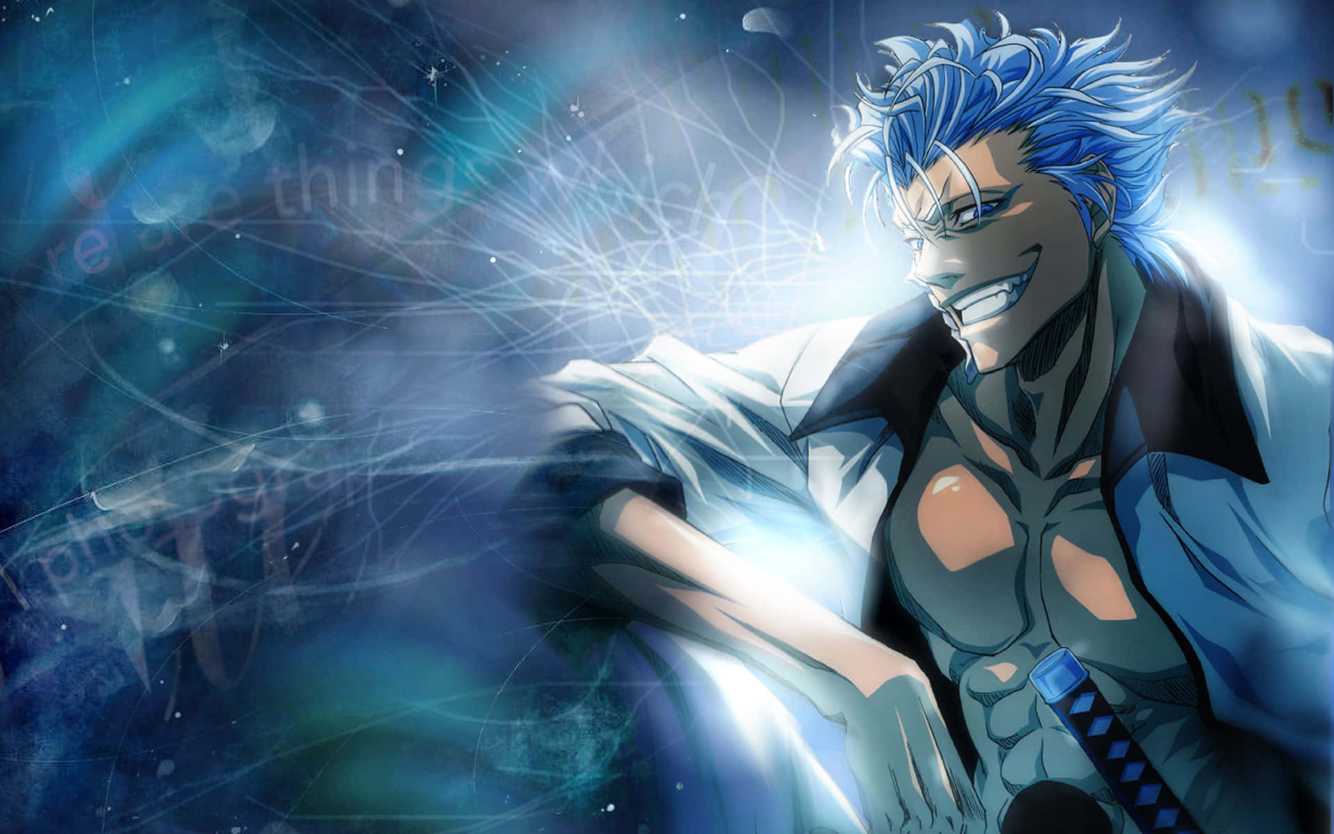 Bleach, blue-haired anime warrior, glowing sword, Full HD Desktop Wallpaper