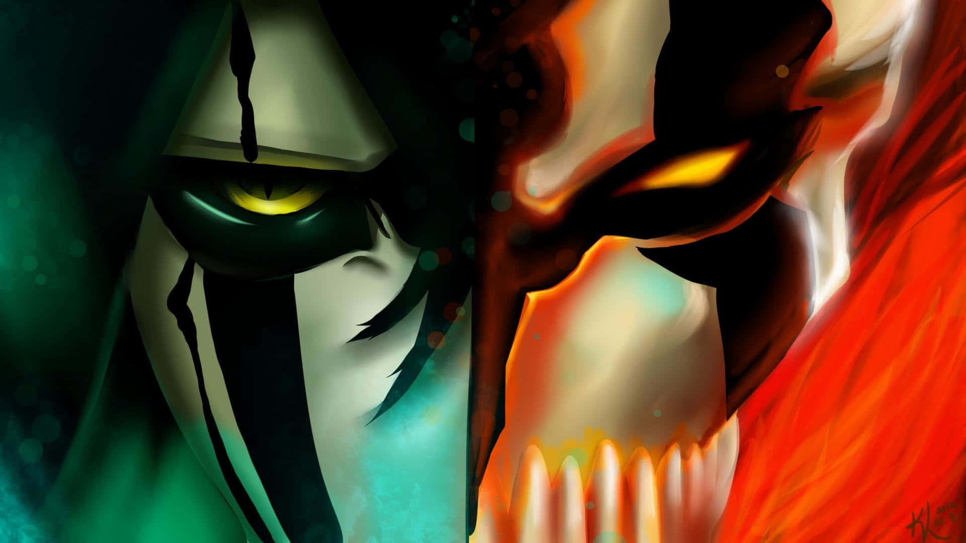 Bleach, anime-style masked faces, icy green, Full HD Desktop Wallpaper