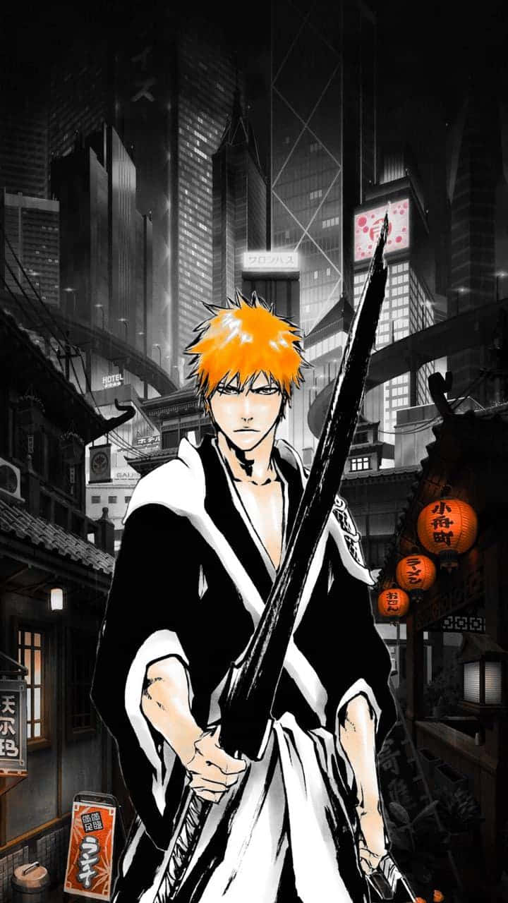 Bleach Phone, spiky orange hair, large sword, HD Phone Wallpaper