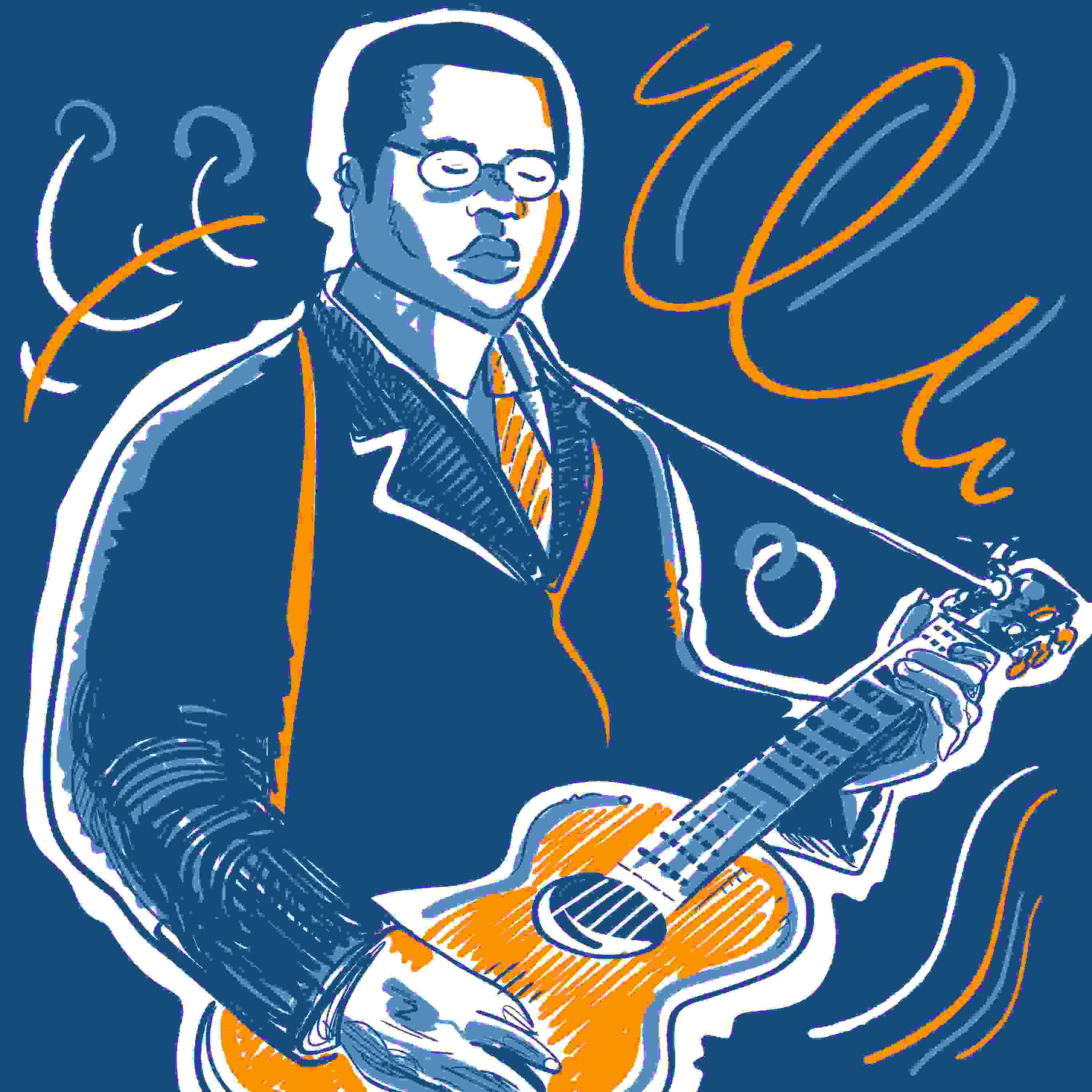 Blind Lemon Jefferson, acoustic guitar, swirling orange lines, 2K Desktop Wallpaper