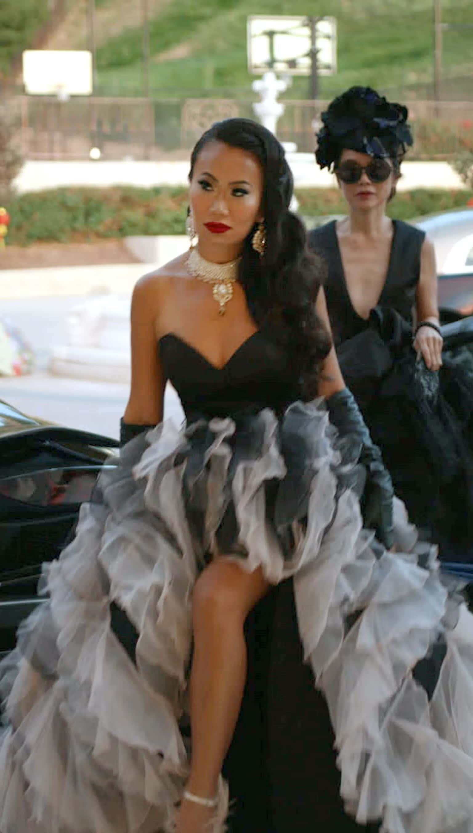 Bling Empire, black and gray ruffled gown, luxury car, 2K Phone Wallpaper