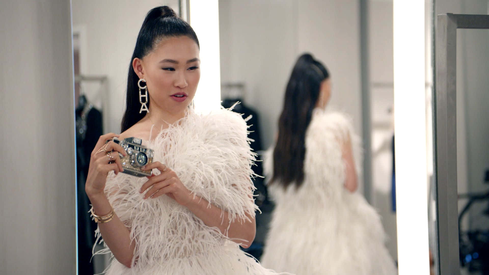 Bling Empire, white feathered gown, vintage camera, Full HD Desktop Wallpaper