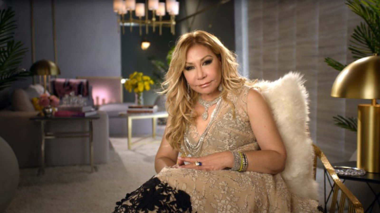 Bling Empire, beaded gown, white fur chair, HD Desktop Wallpaper