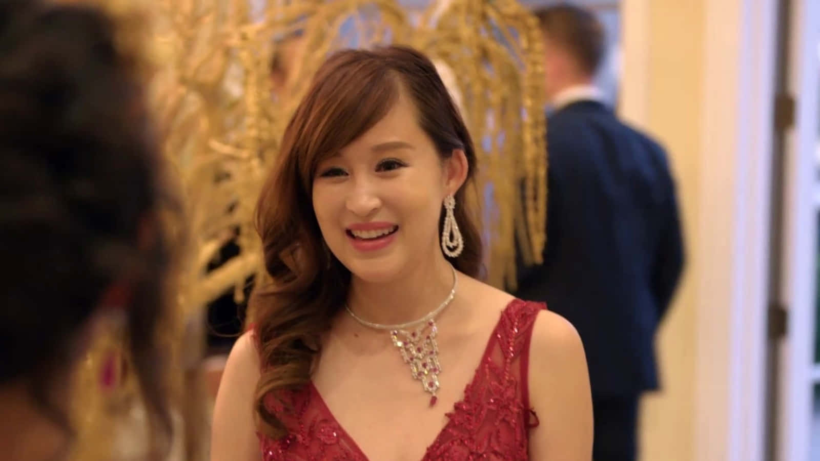 Bling Empire, red beaded dress, sparkling jewelry, HD Desktop Wallpaper