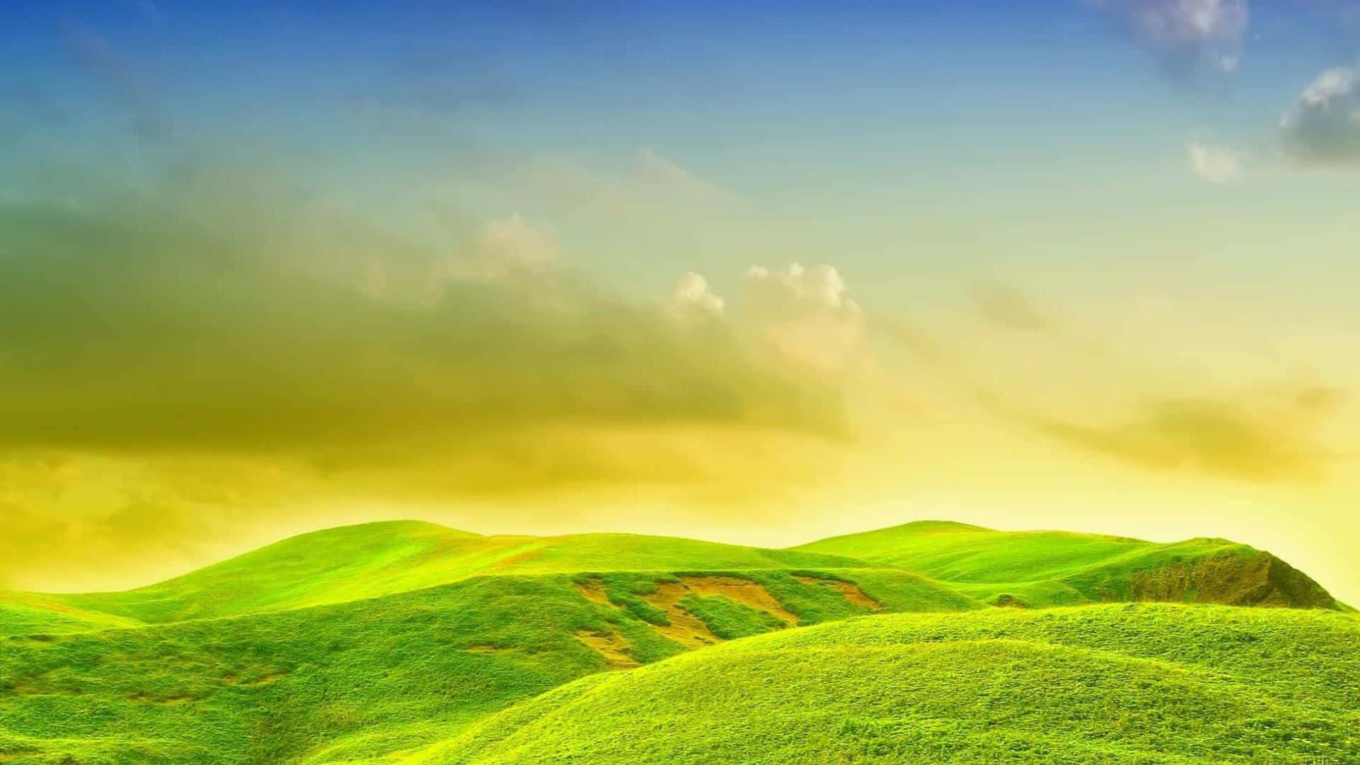 emerald hills, golden sunbeams, soft clouds, Full HD Desktop Wallpaper