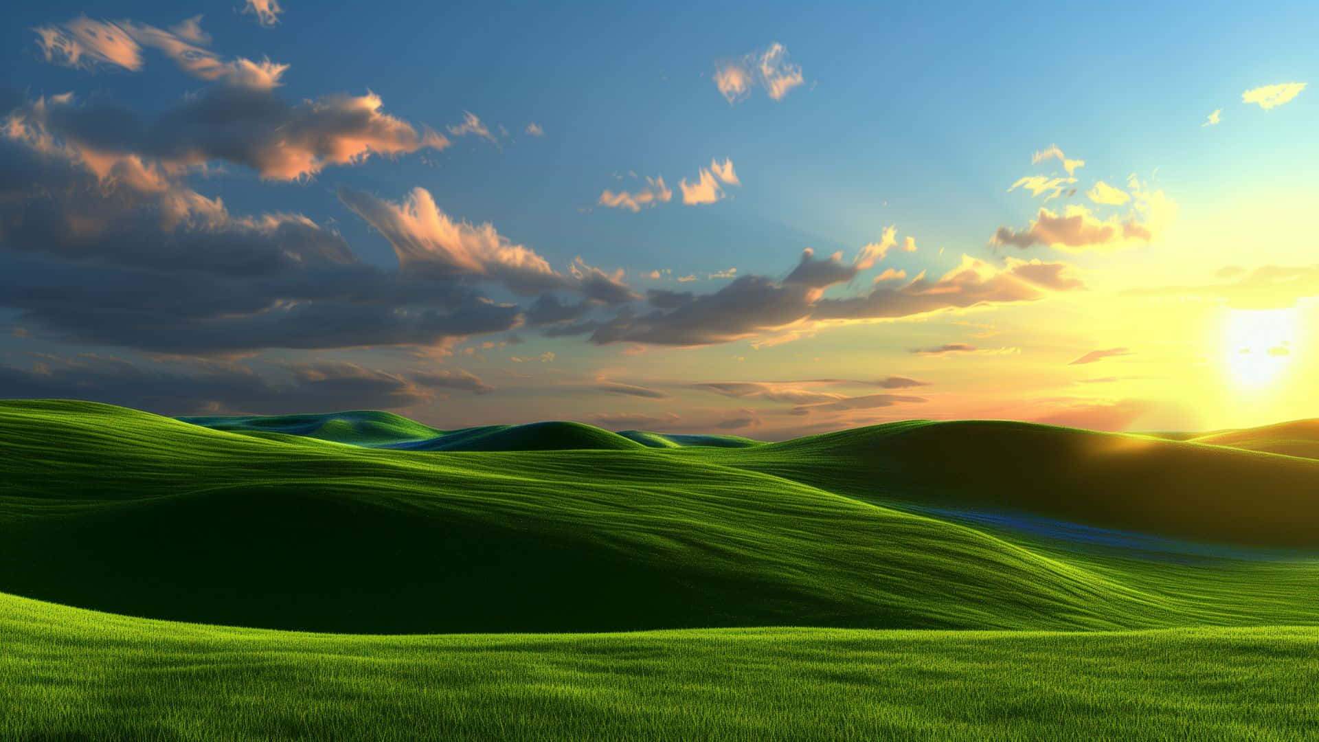 Blissful Green Hills Sunset, sunset, rolling green hills, Full HD Desktop Wallpaper