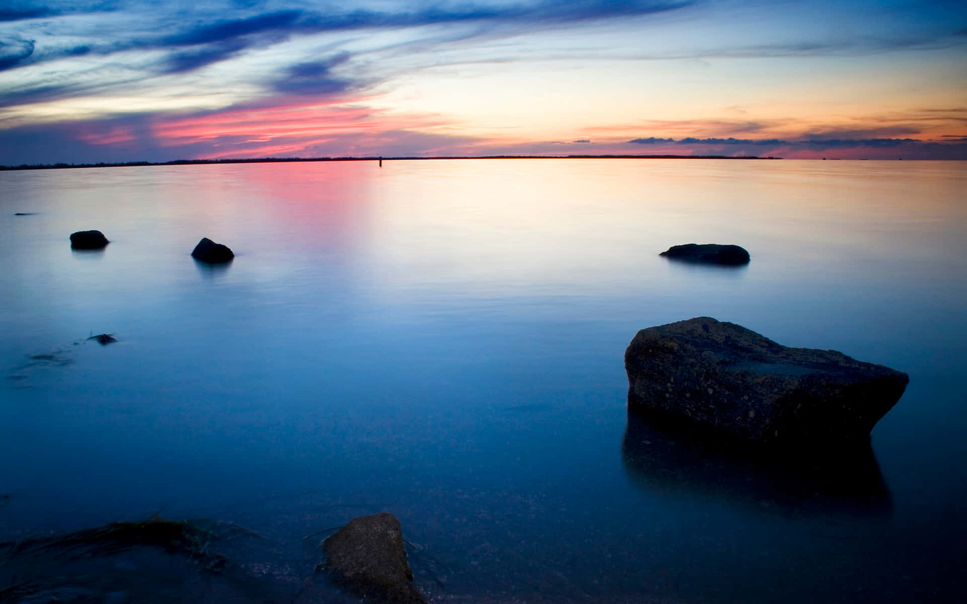 sunset, calm water, scattered rocks, Full HD Desktop Wallpaper