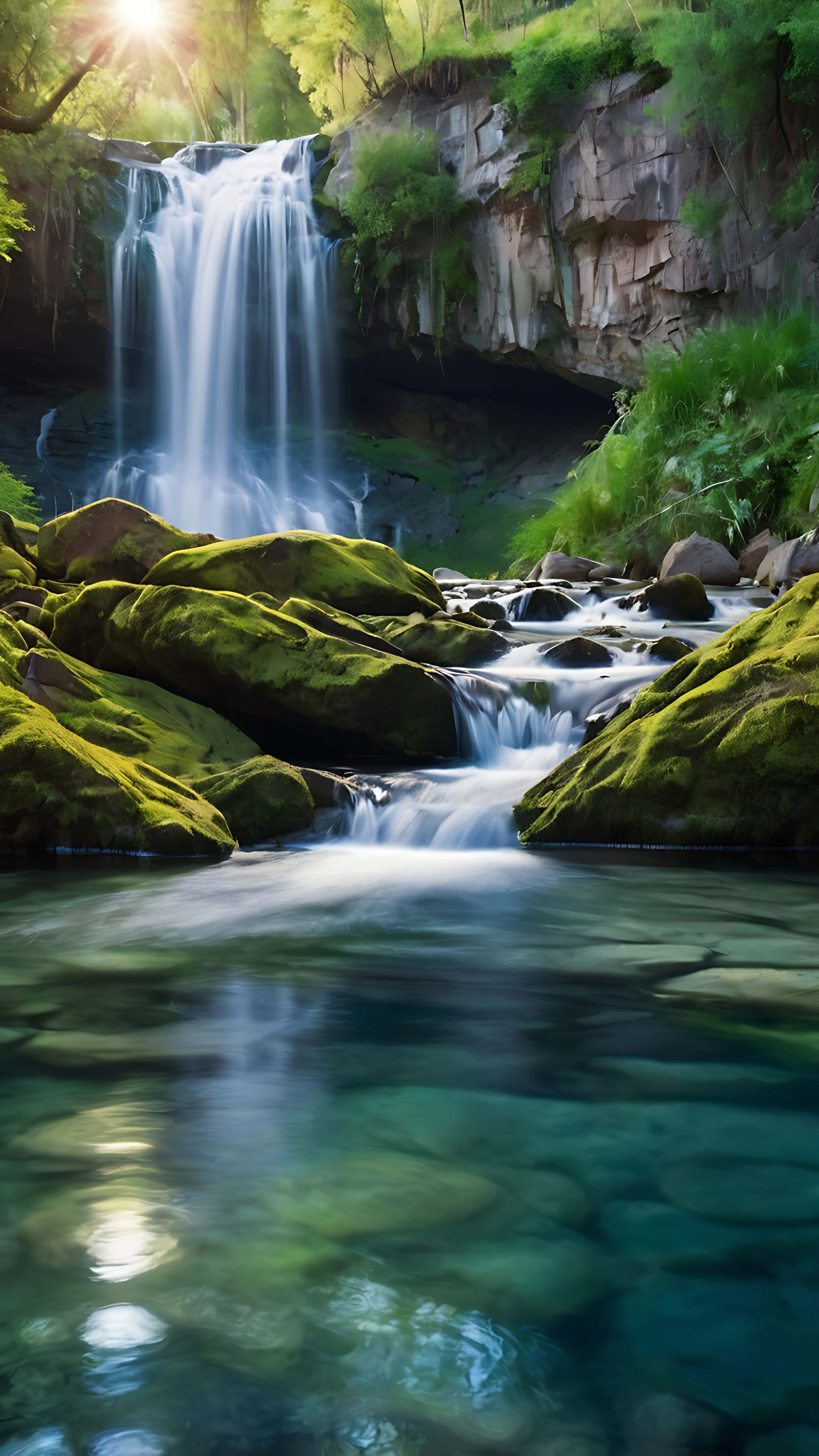 blissful waterfall and lake in harmony, sunlight streams through trees, cascading waterfall, 5K Phone Wallpaper
