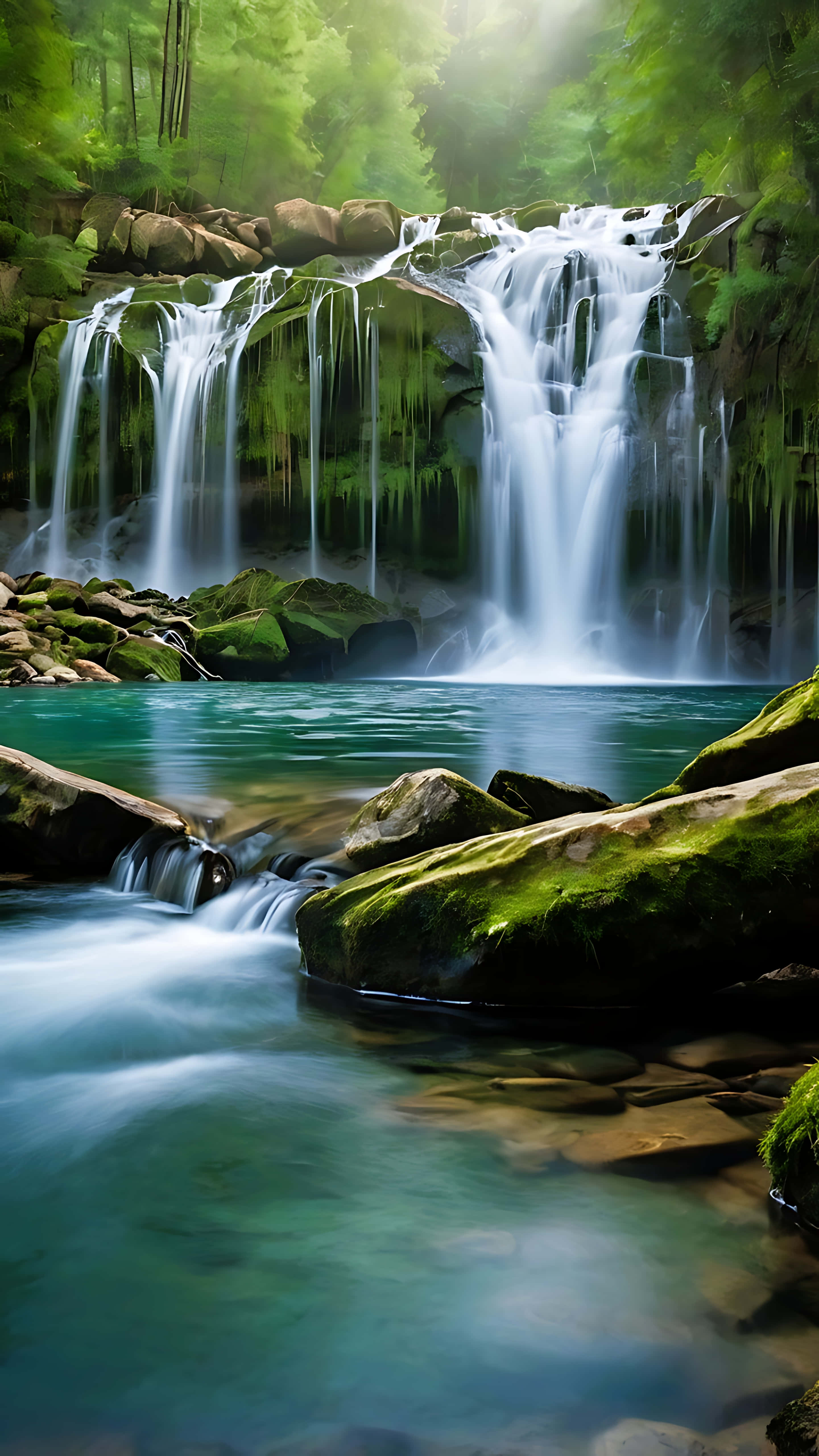 blissful, waterfall, lake, 5K Phone Wallpaper