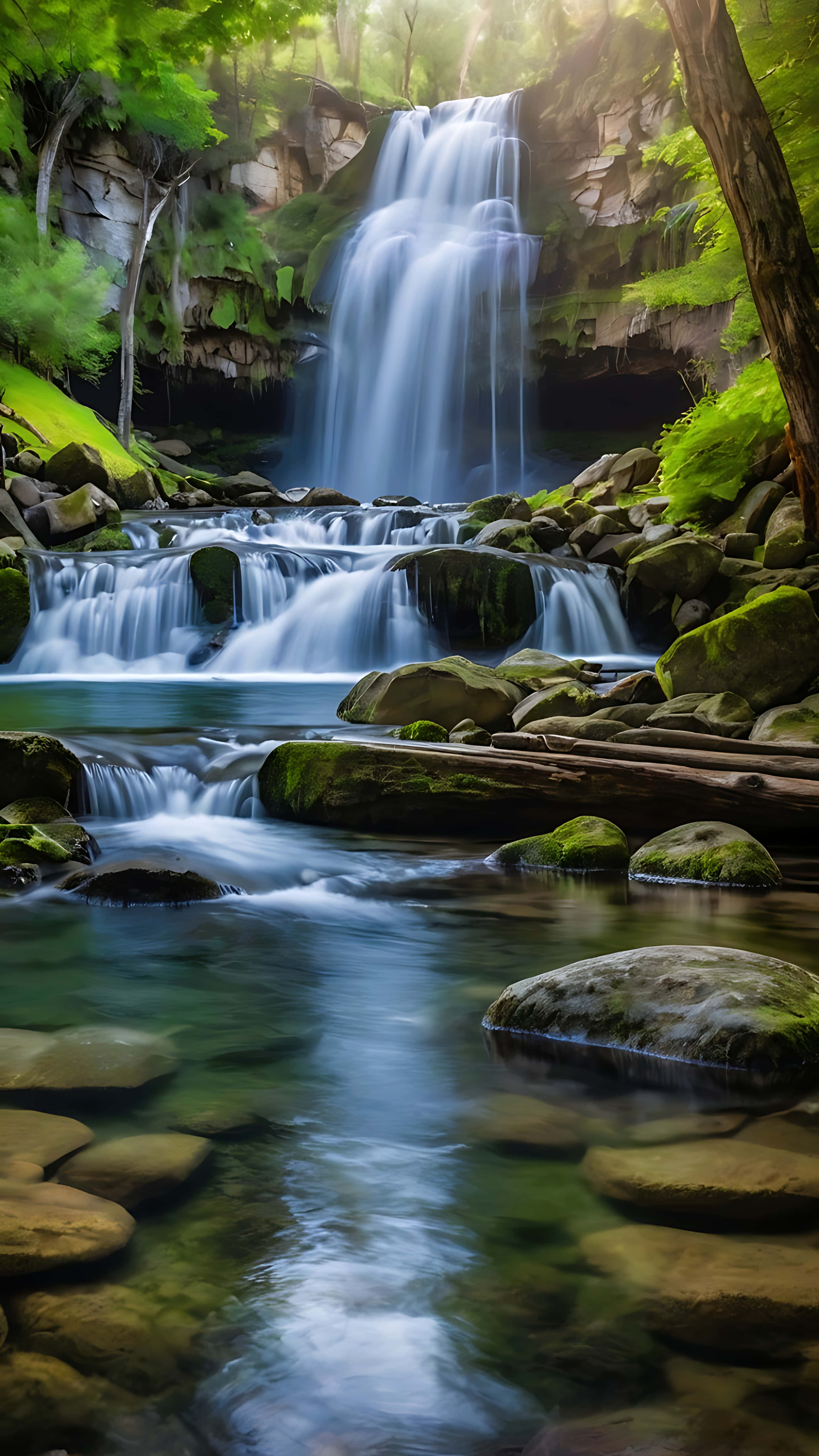 blissful, waterfall, lake, 5K Phone Wallpaper