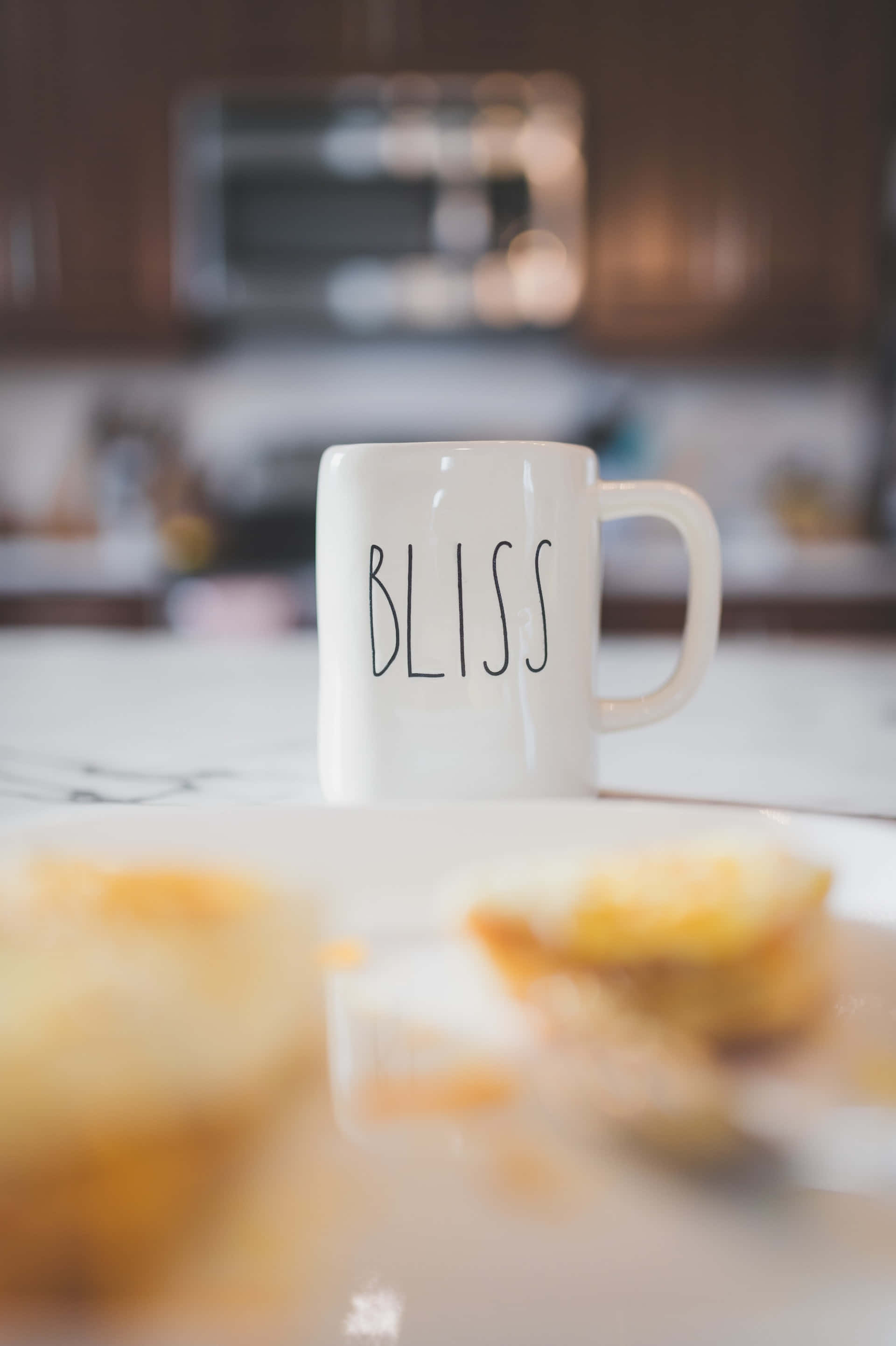 bliss, white mug, black script, 2K Phone Wallpaper