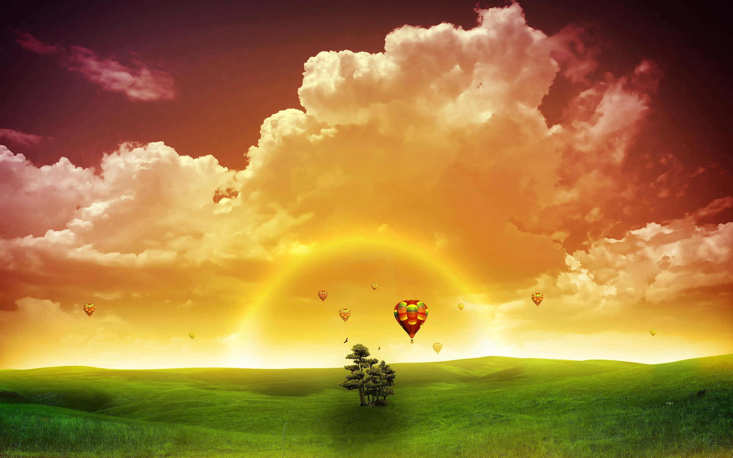 Serene and Blissful Mountain Landscape Wallpaper, vibrant green field, dramatic sunset sky, 2K Desktop Wallpaper