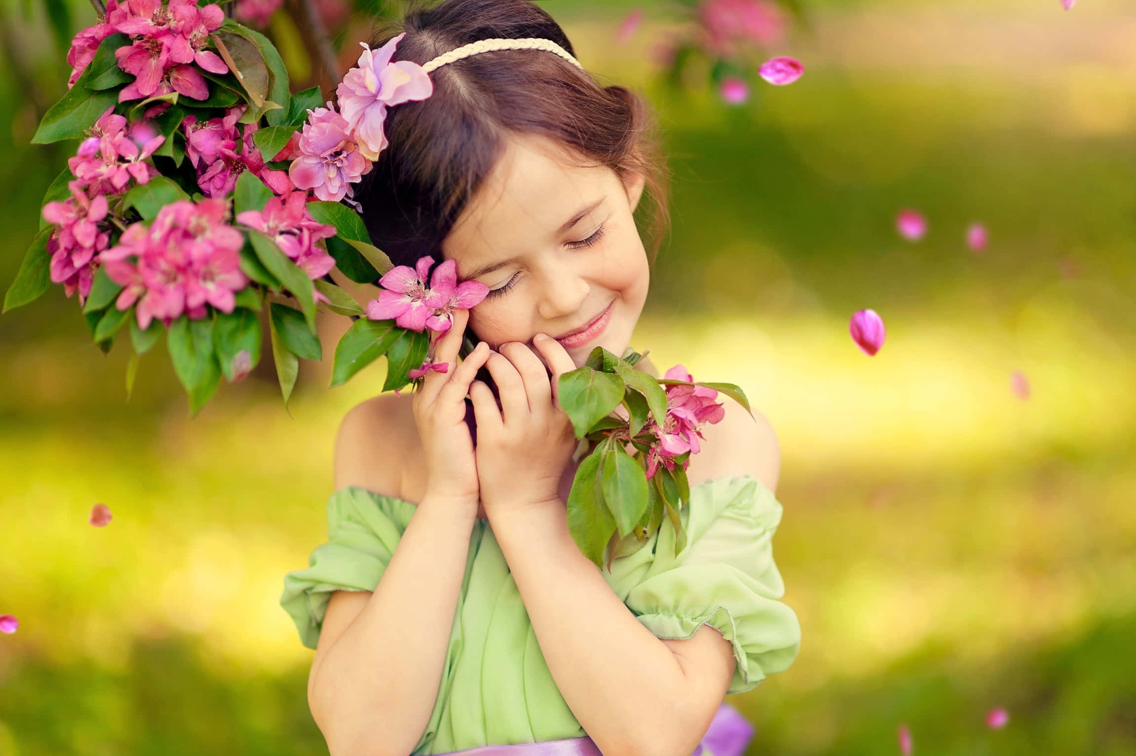 Blissful, green dress, pink blossoms, Full HD Desktop Wallpaper