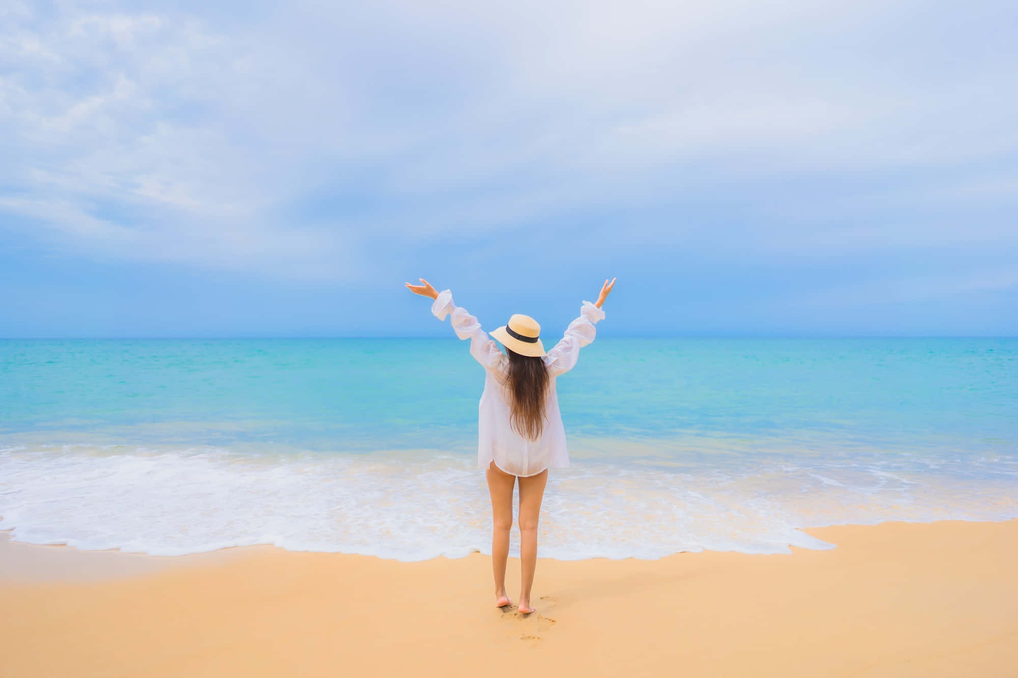 blissful, golden beach, turquoise ocean, Full HD Desktop Wallpaper