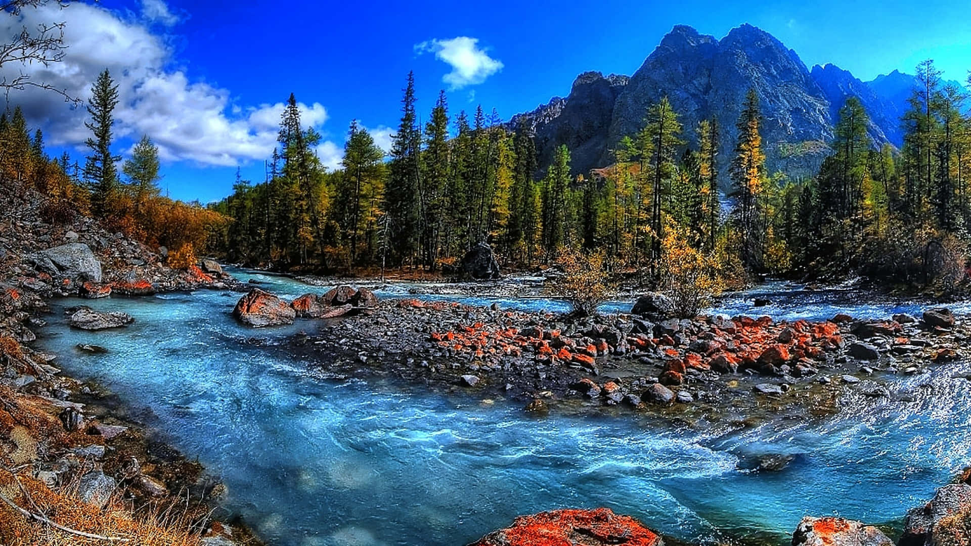 turquoise river, mossy rocks, forested valley, Full HD Desktop Wallpaper
